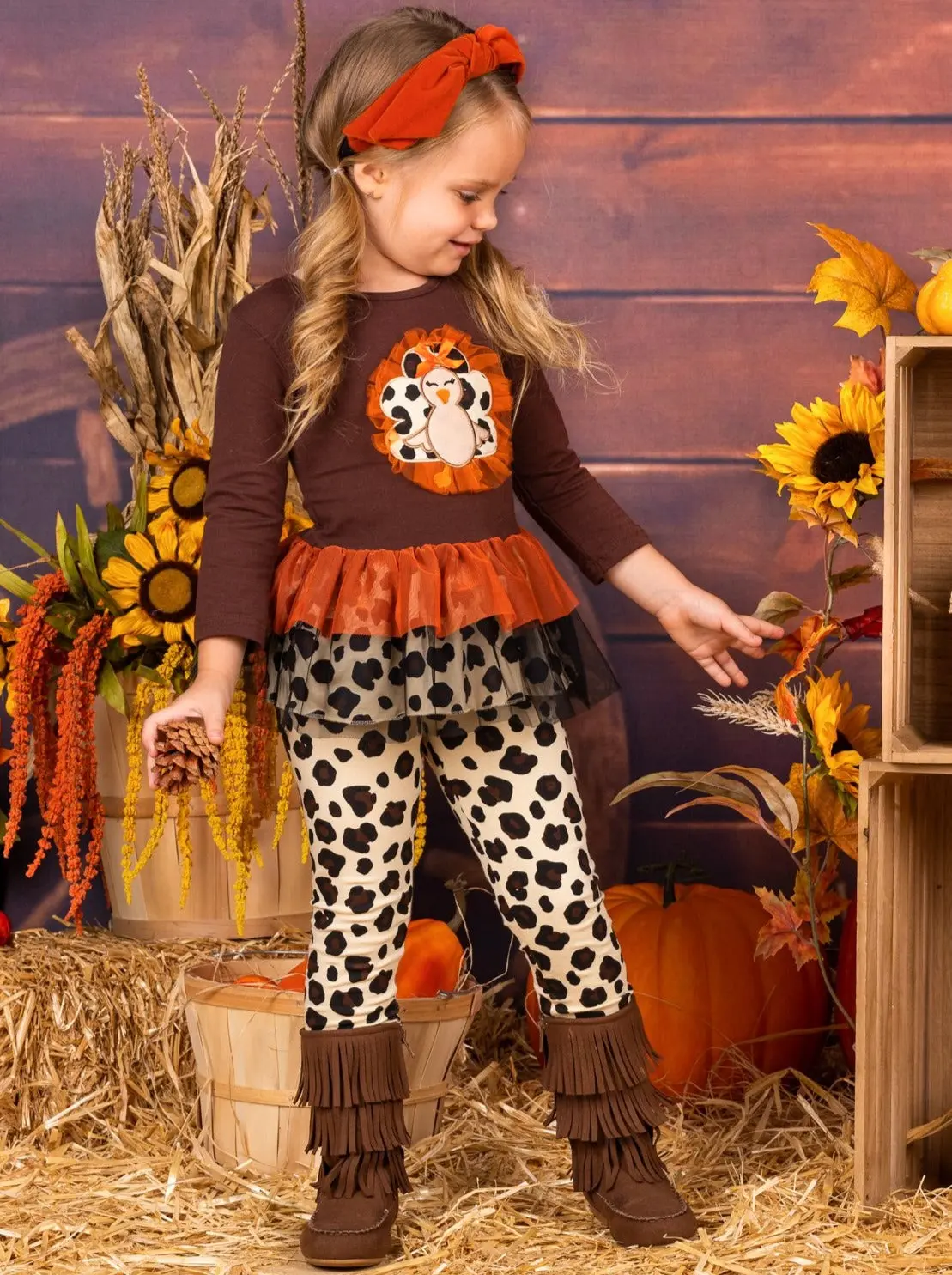 Girls Leopard Turkey Ruffled Peplum Tunic and Legging Set - Image 2