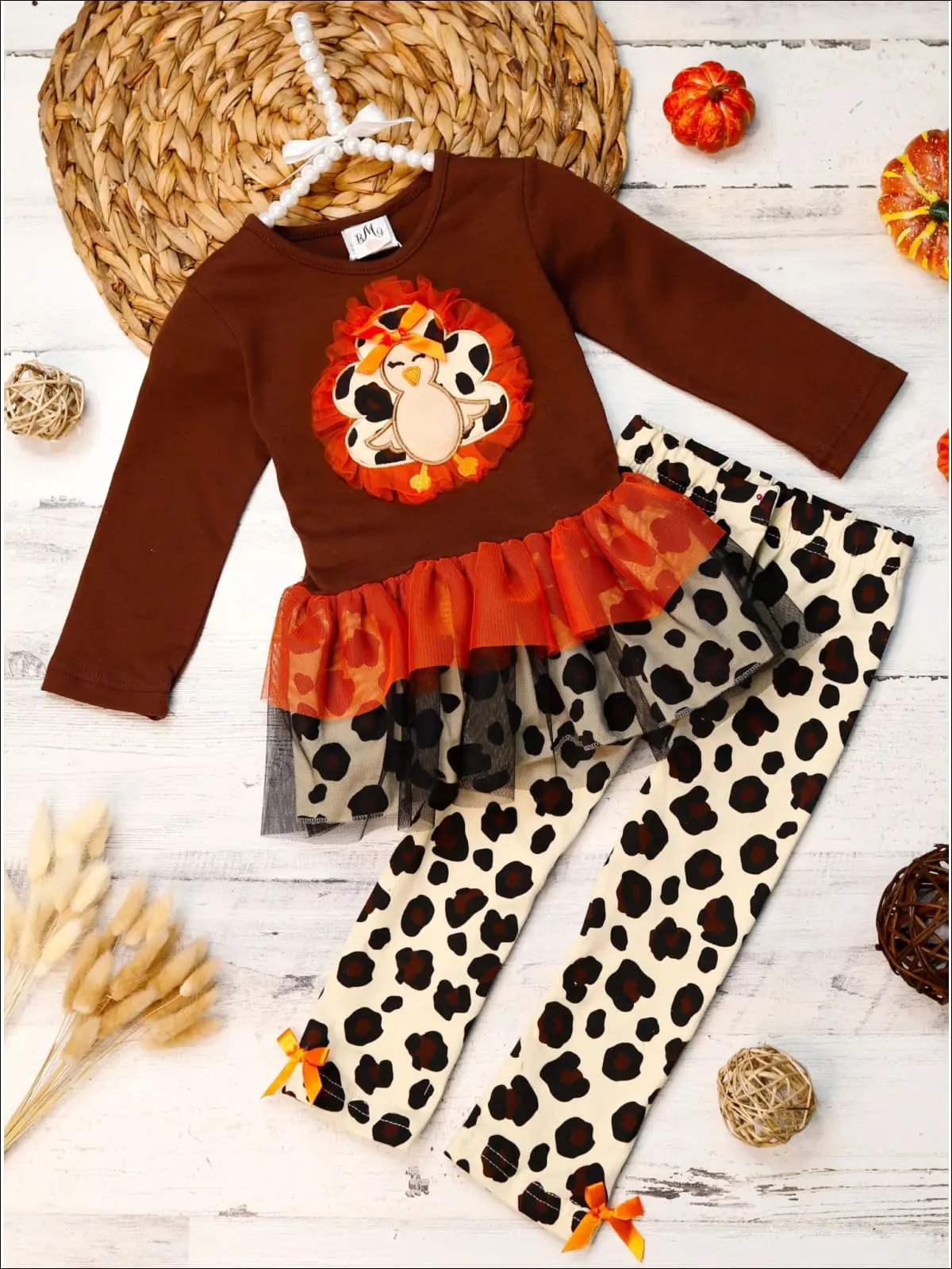 Girls Leopard Turkey Ruffled Peplum Tunic and Legging Set - Image 3