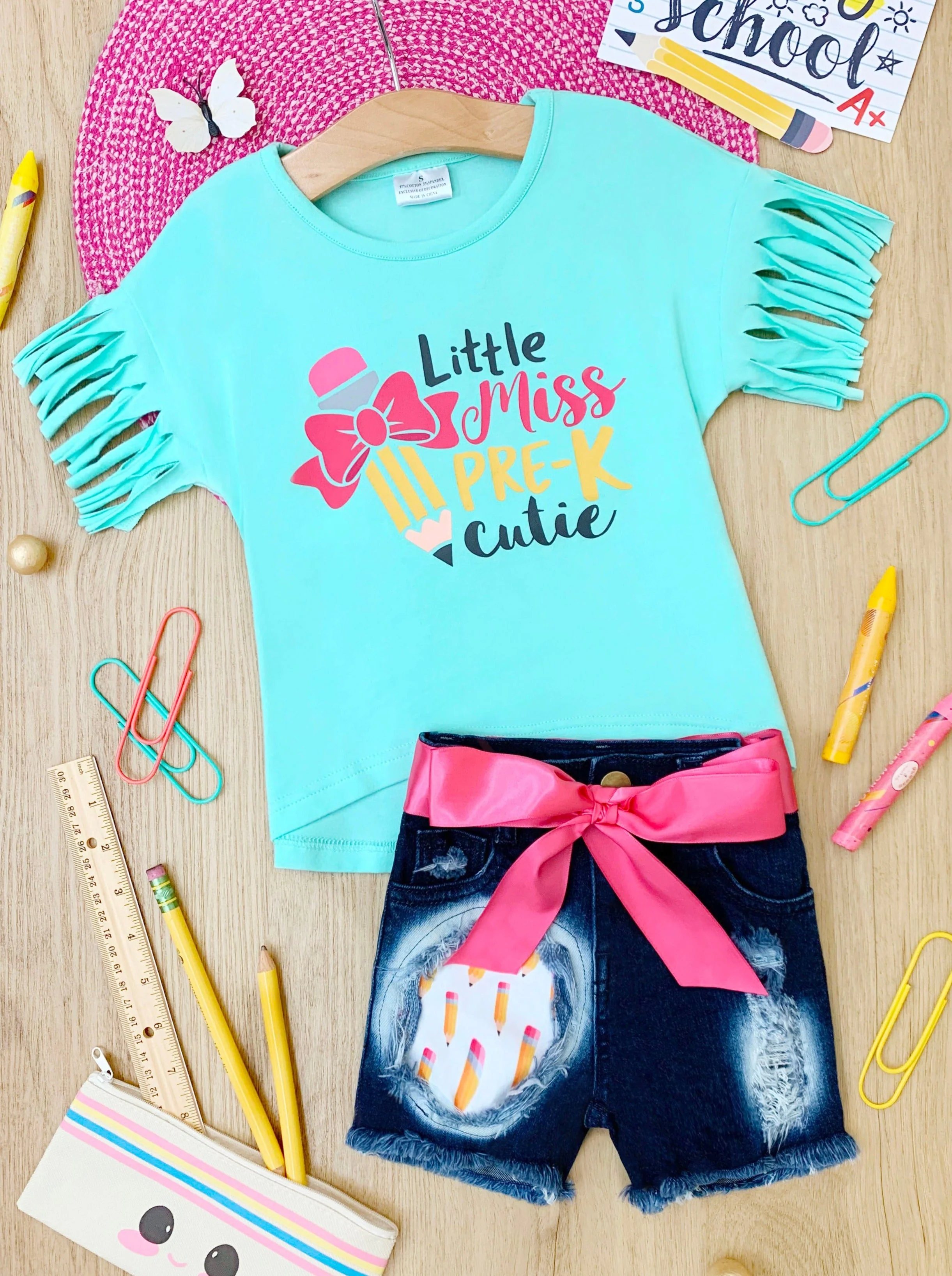 Little Miss Pre-K Cutie Patched Denim Short Set - Image 3
