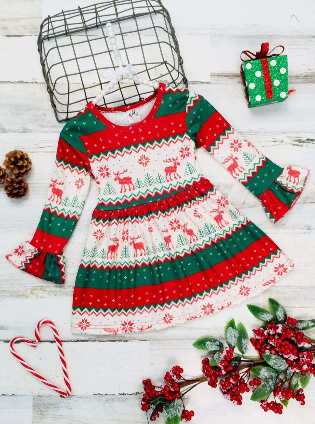 Girls Long Flared Sleeve Moose Print Dress - Image 2