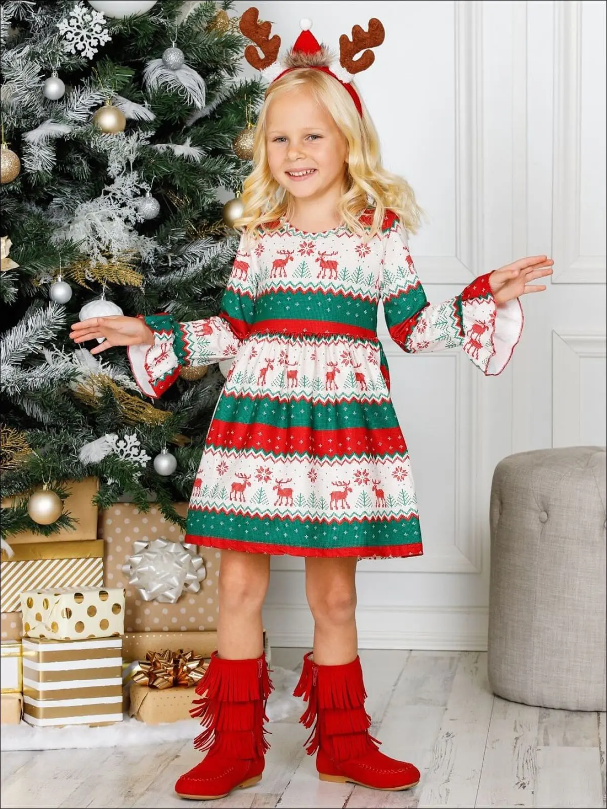 Girls Long Flared Sleeve Moose Print Dress - Image 3