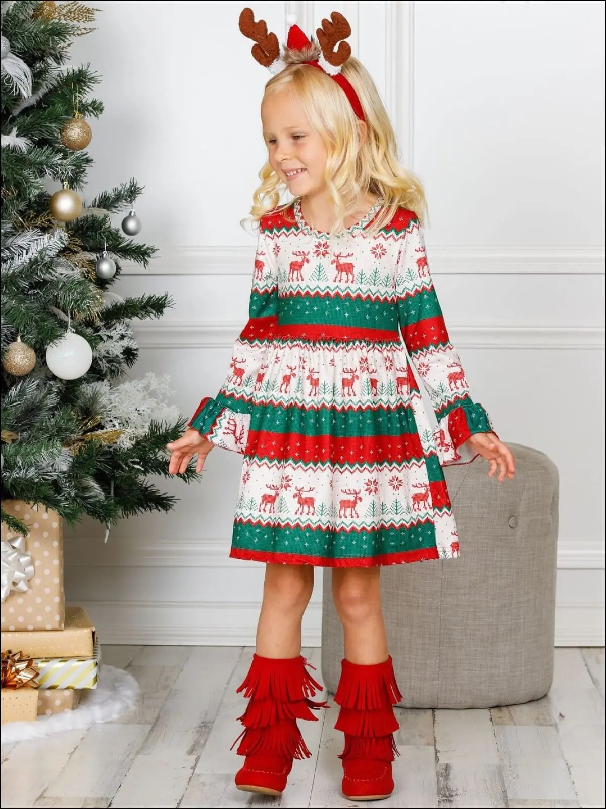 Girls Long Flared Sleeve Moose Print Dress - Image 4