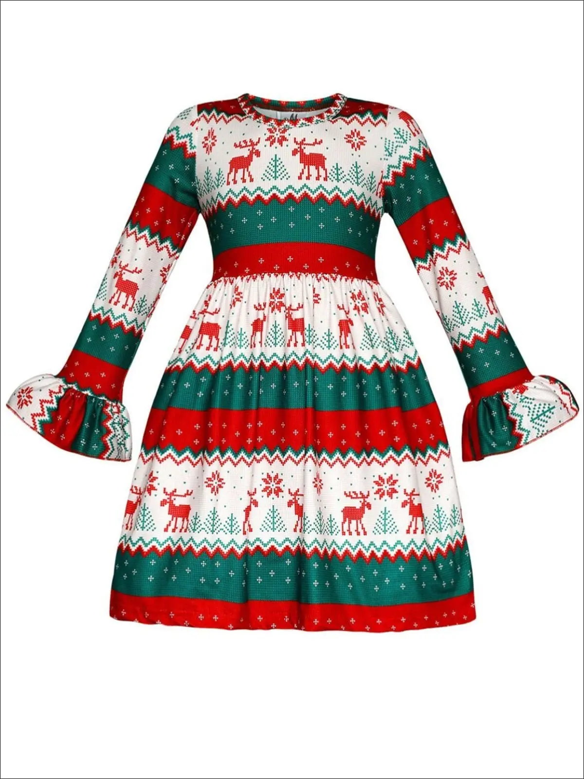Girls Long Flared Sleeve Moose Print Dress - Image 5