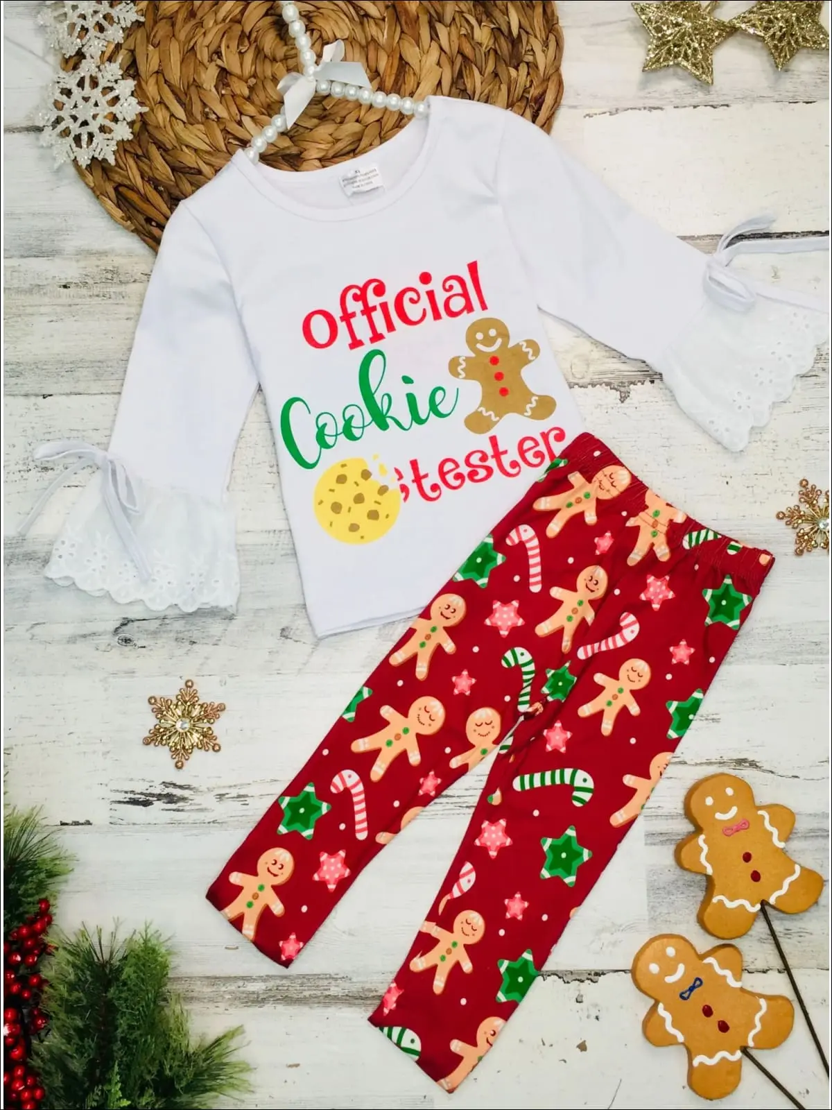 Girls Long Lace Bell Sleeve "Official Cookie Tester" Top And Gingerbread Print Legging Set - Image 2