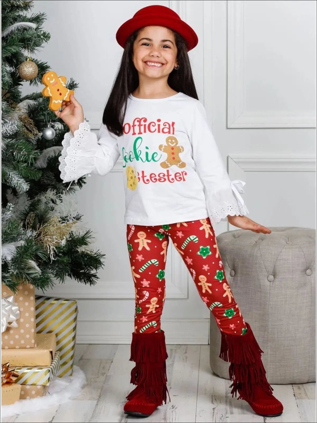 Girls Long Lace Bell Sleeve "Official Cookie Tester" Top And Gingerbread Print Legging Set - Image 3