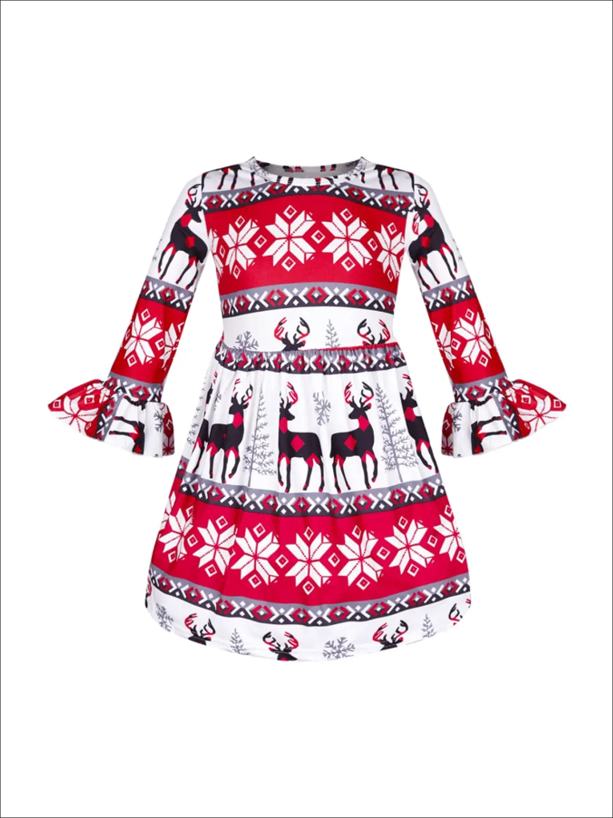 Girls Long Sleeve Moose Print Dress with Bell Sleeves - Image 2