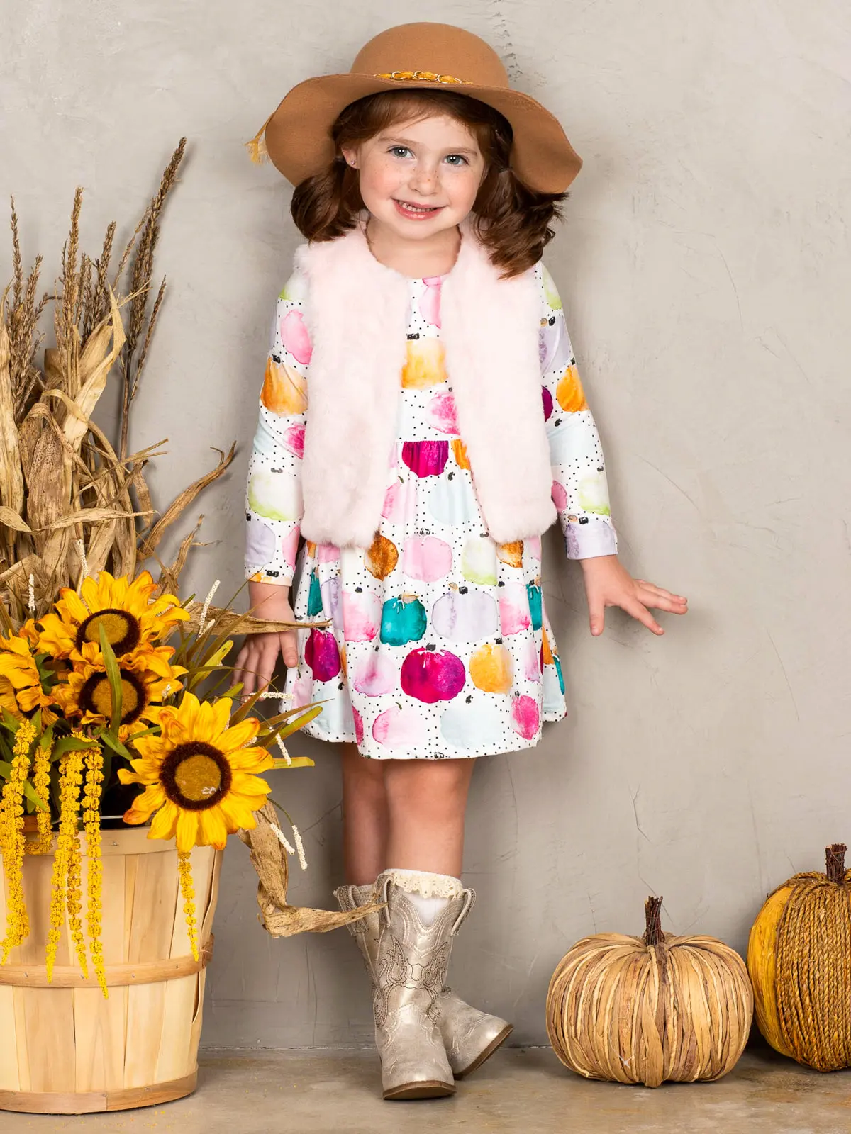 The Cutest Pick Pumpkin Dress And Fuzzy Vest Set - Image 3