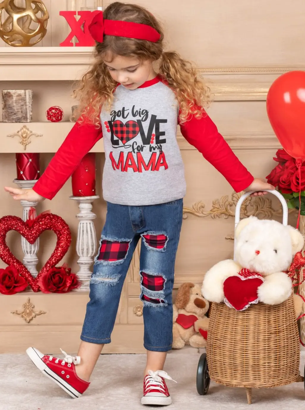 Love For My Mama Plaid Patched Jeans Set - Image 2