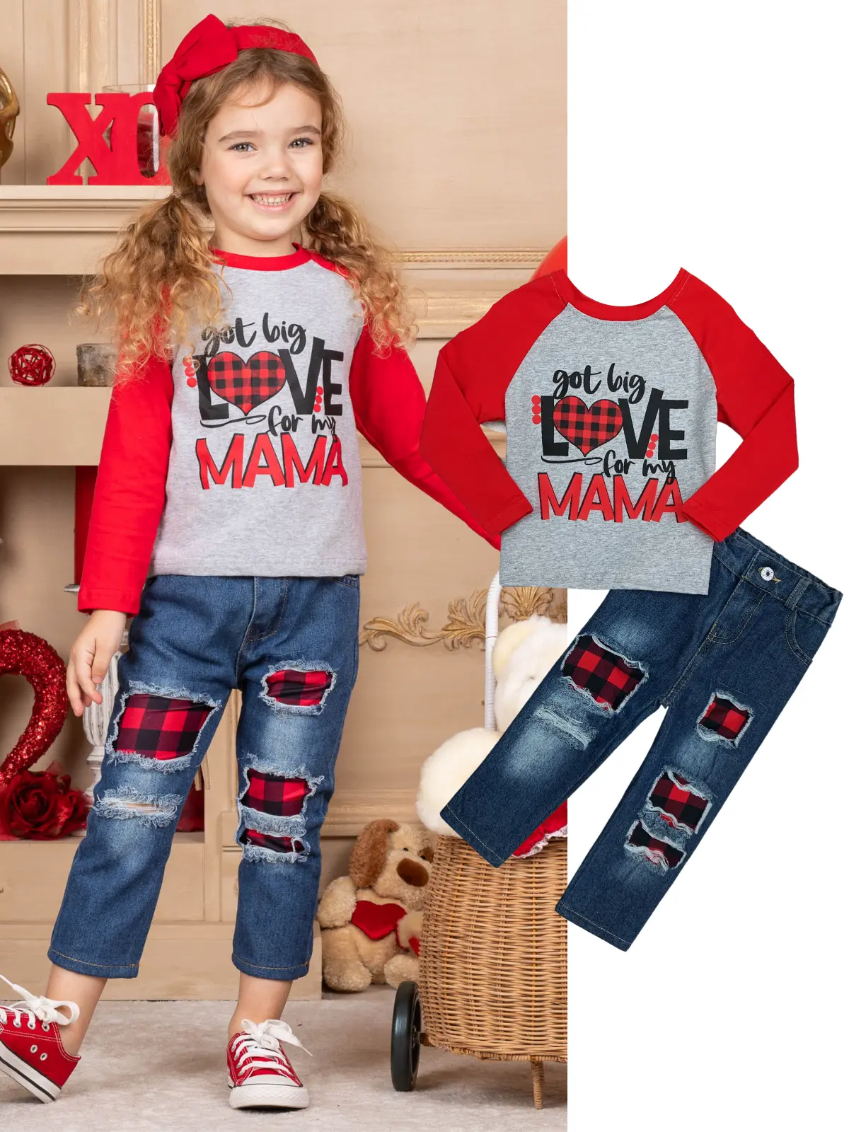 Love For My Mama Plaid Patched Jeans Set - Image 3