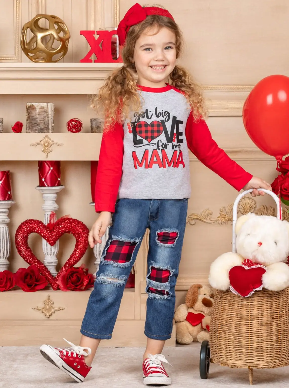 Love For My Mama Plaid Patched Jeans Set - Image 4
