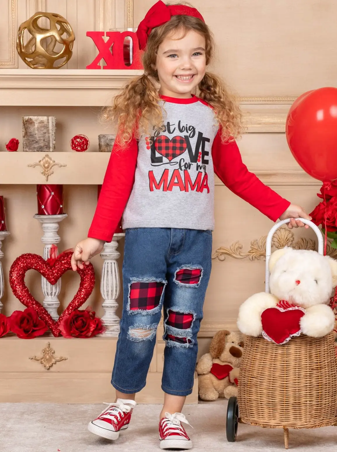 Love For My Mama Plaid Patched Jeans Set - Image 5