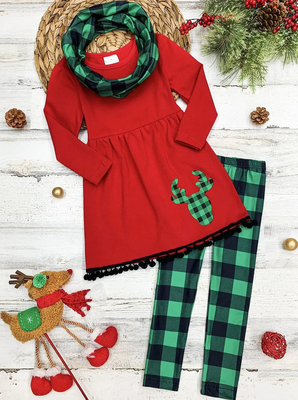 Girls Long Sleeve Reindeer Tunic, Plaid Leggings And Scarf Set - Image 2