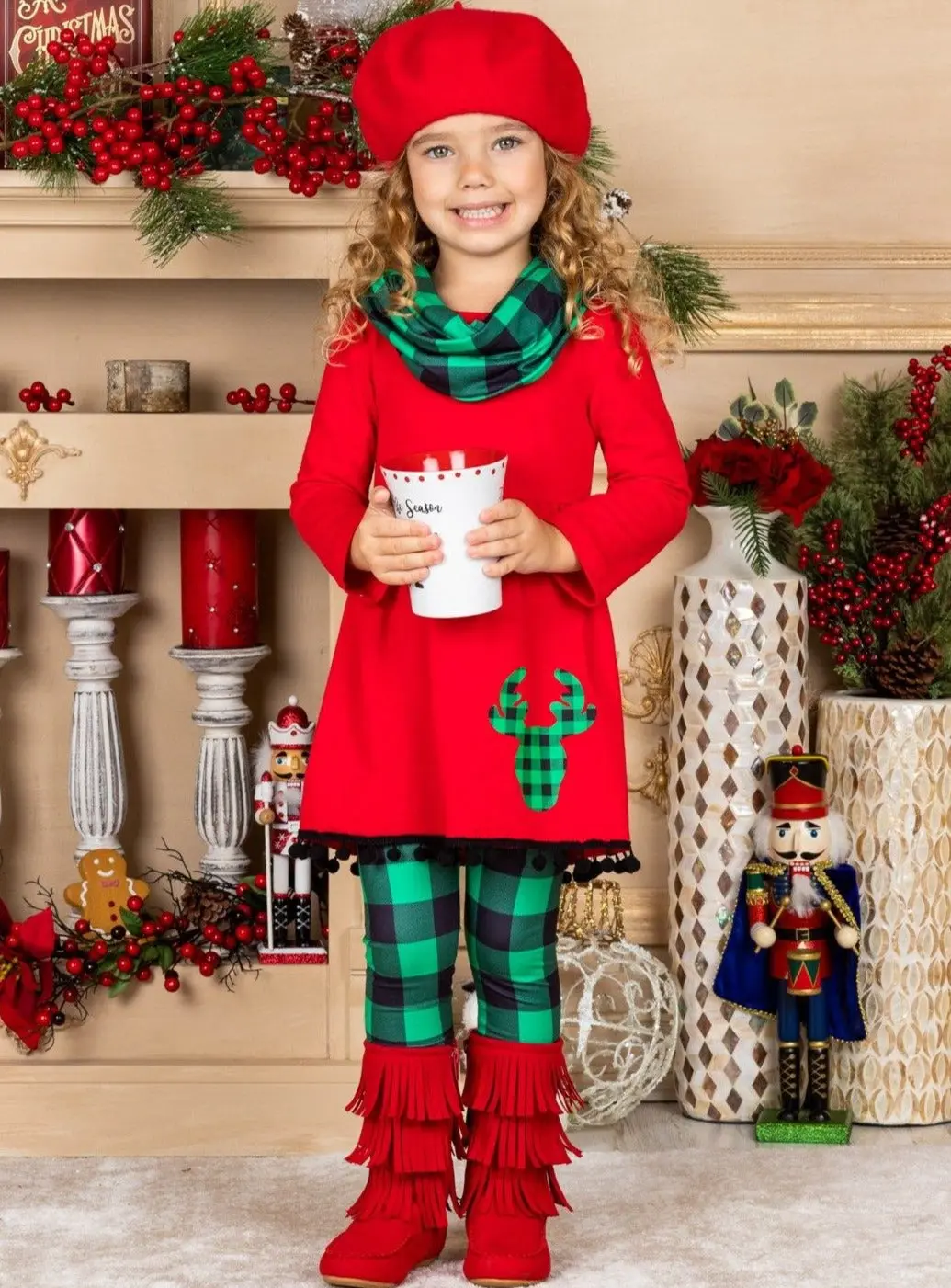 Girls Long Sleeve Reindeer Tunic, Plaid Leggings And Scarf Set - Image 3