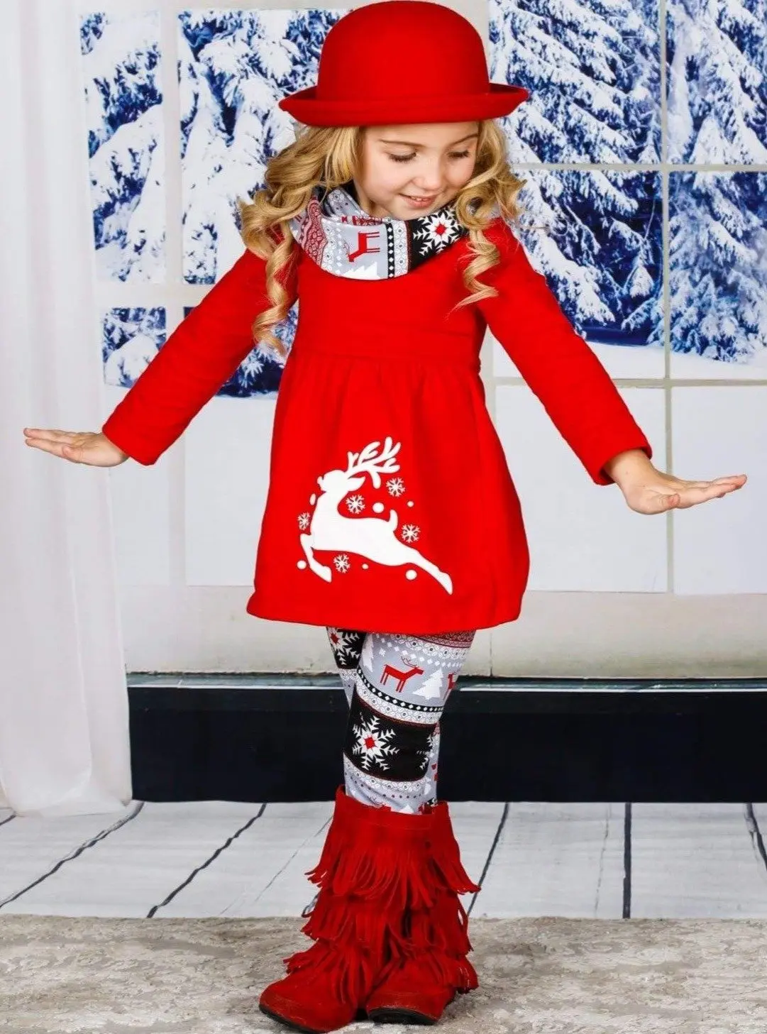 Girls Long Sleeve Reindeer Tunic, Winter Print Leggings and Scarf Set - Image 2