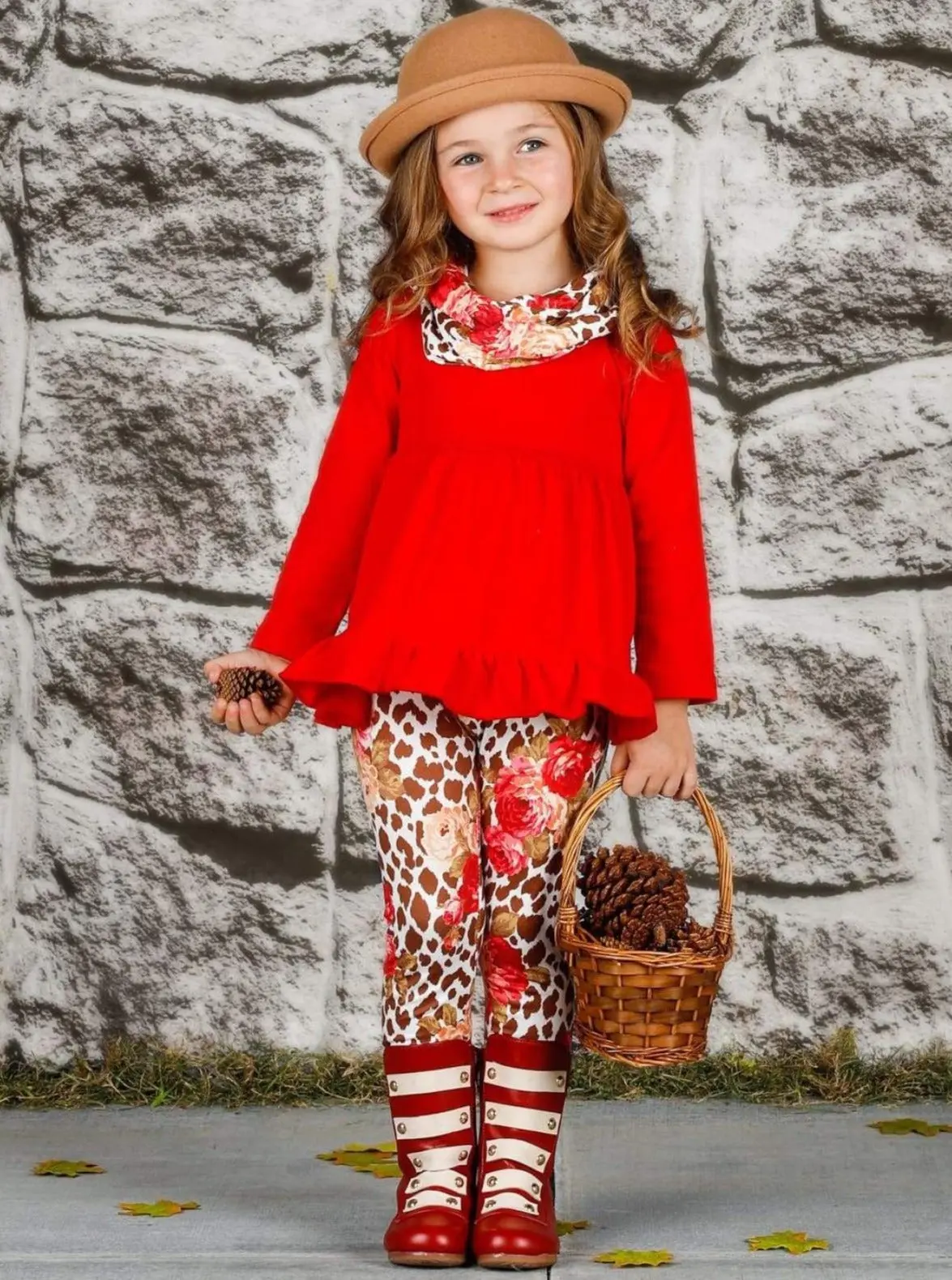 Girls Long Sleeve Ruffled Tunic, Animal Floral Print Leggings And Scarf Set - Image 2
