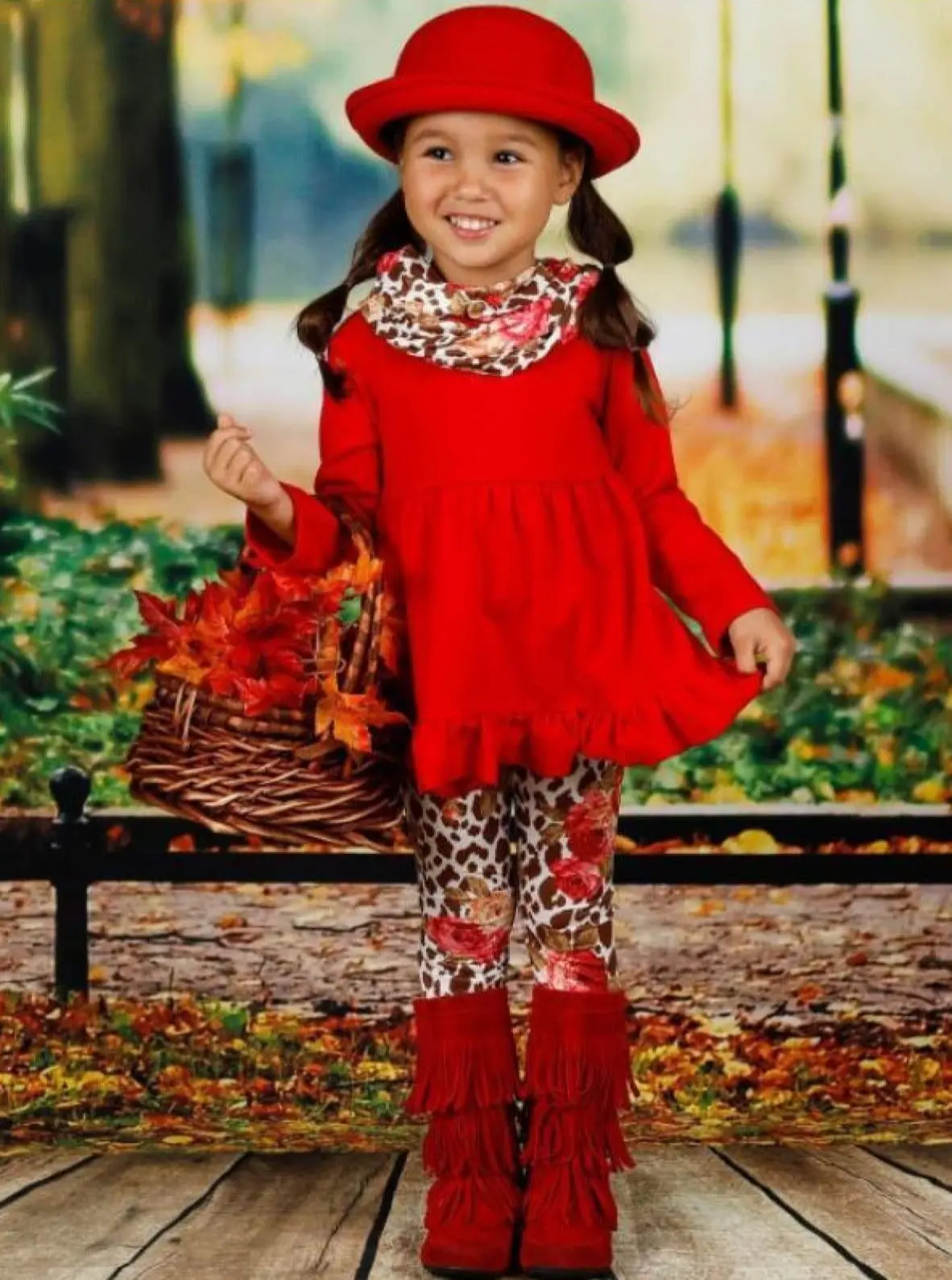 Girls Long Sleeve Ruffled Tunic, Animal Floral Print Leggings And Scarf Set - Image 3