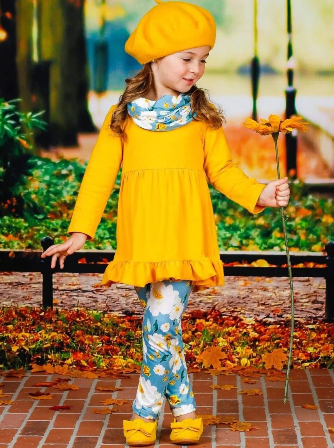 Girls Long Sleeve Ruffled Yellow Tunic, Floral Leggings And Scarf Set - Image 2