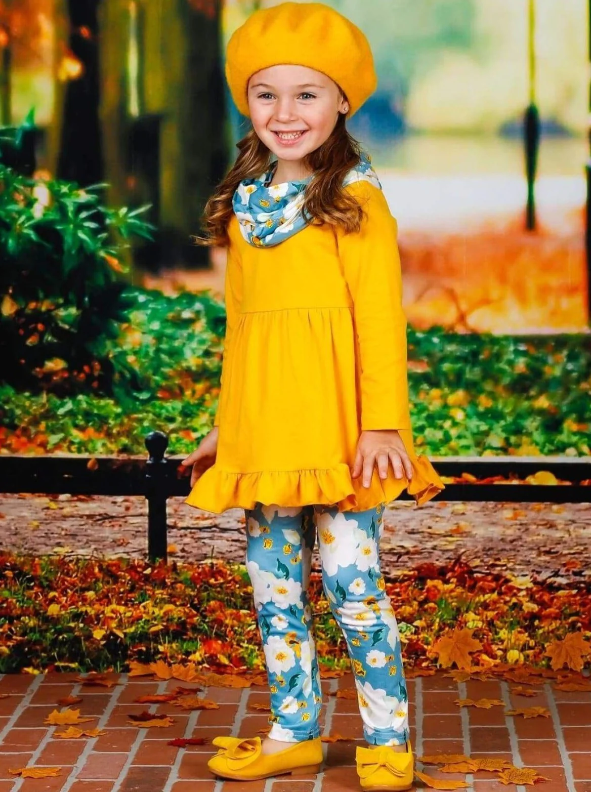 Girls Long Sleeve Ruffled Yellow Tunic, Floral Leggings And Scarf Set - Image 3