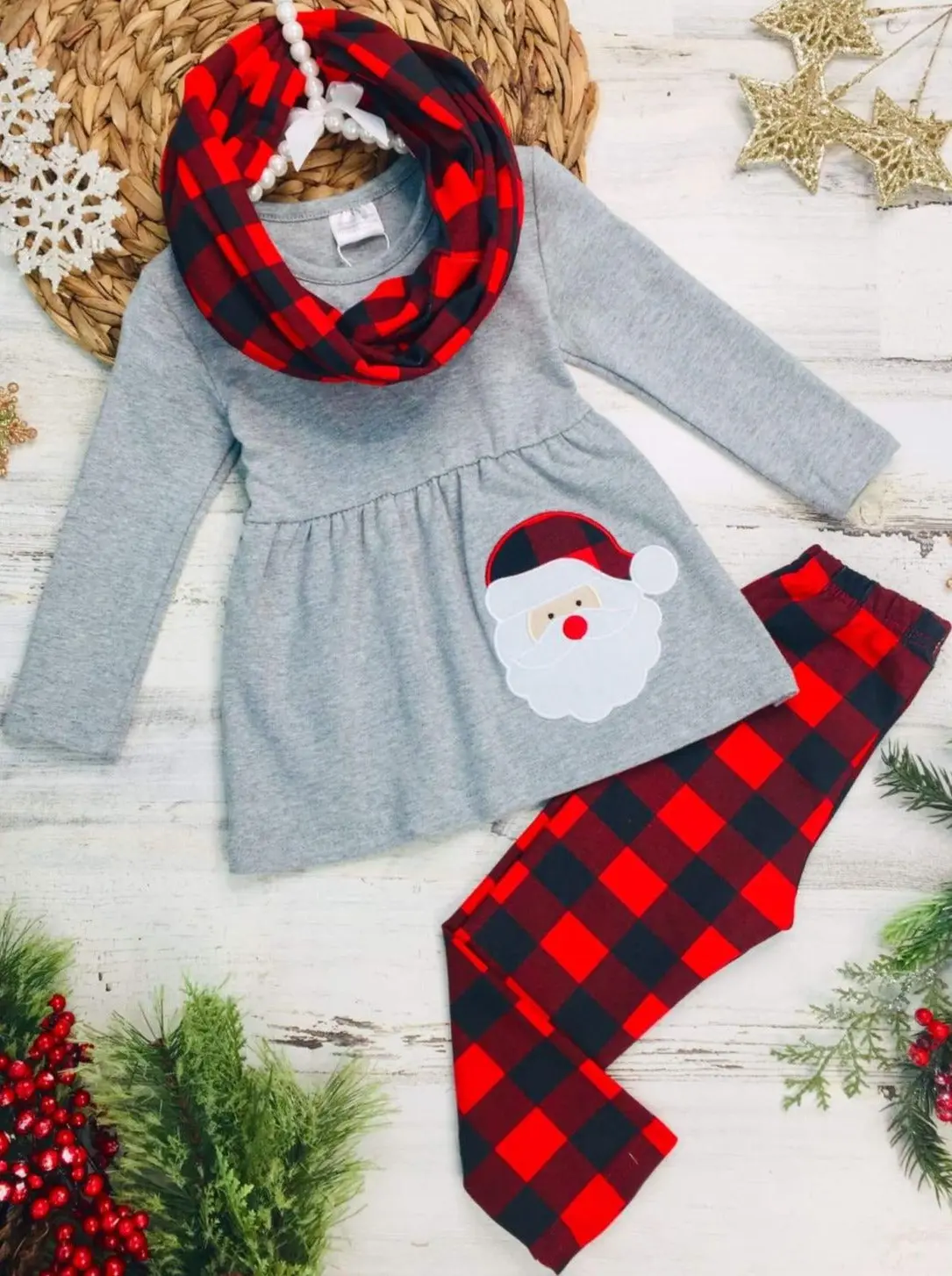 Sassy Santa Tunic, Plaid Scarf And Legging Set - Image 2