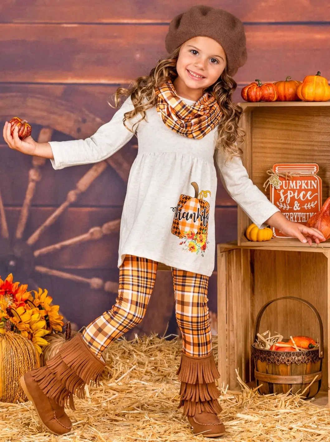 Thankful Pumpkin Tunic, Plaid Leggings And Scarf Set - Image 3