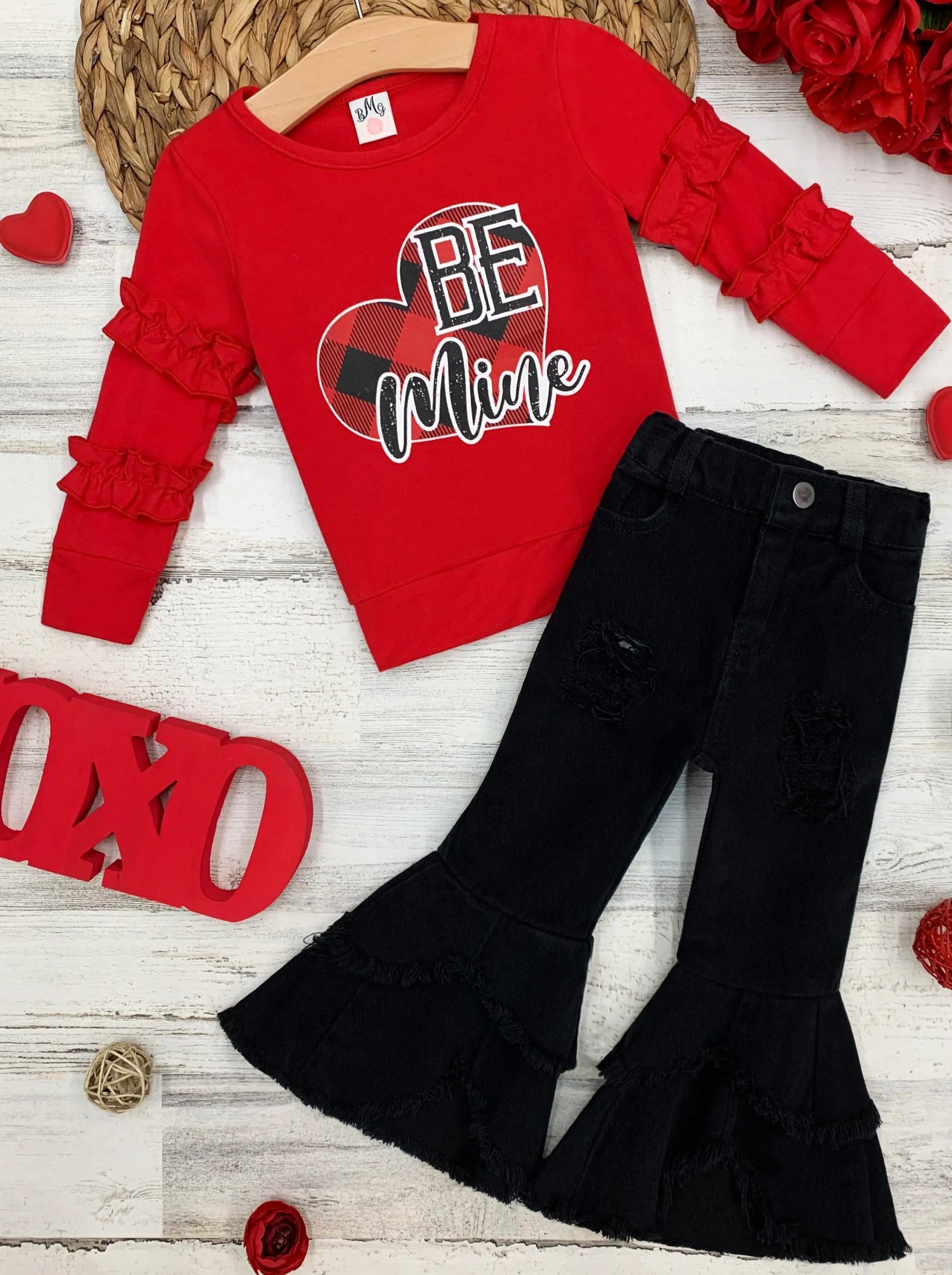 Be Mine Ruffle Top and Bell Bottom Jeans Set - Image 4