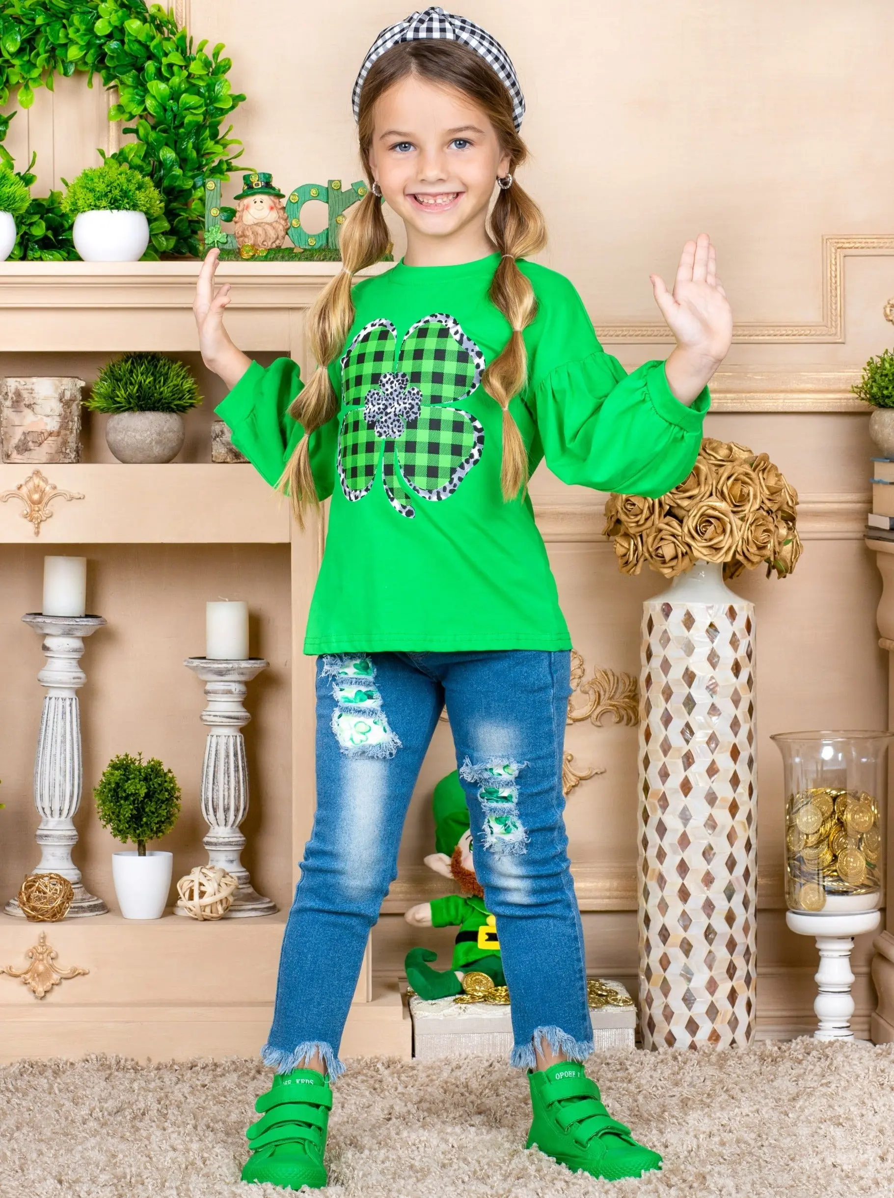 Sparkly Clover Long Sleeved Plaid Applique Top - Image 2