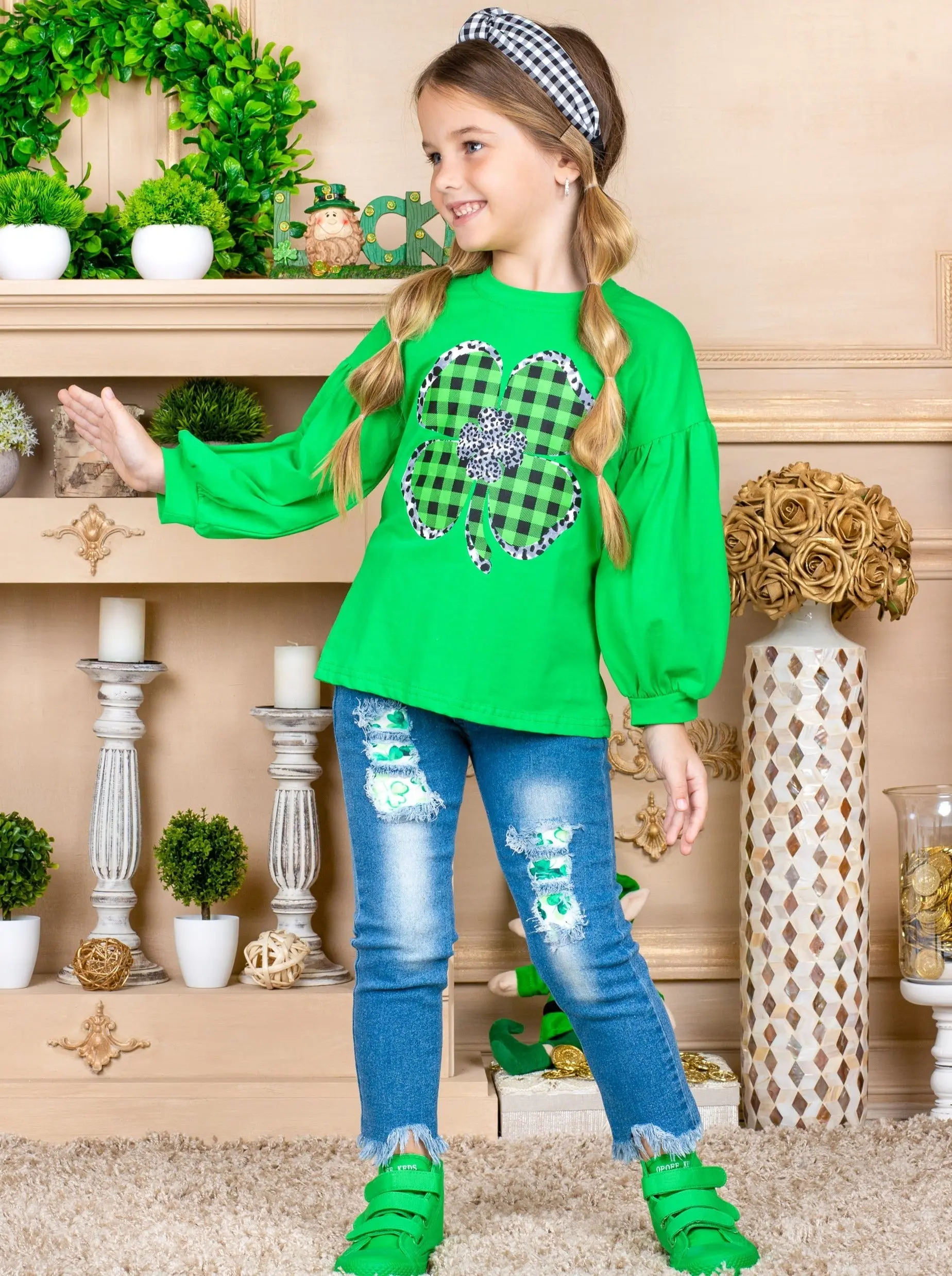 Sparkly Clover Long Sleeved Plaid Applique Top - Image 3