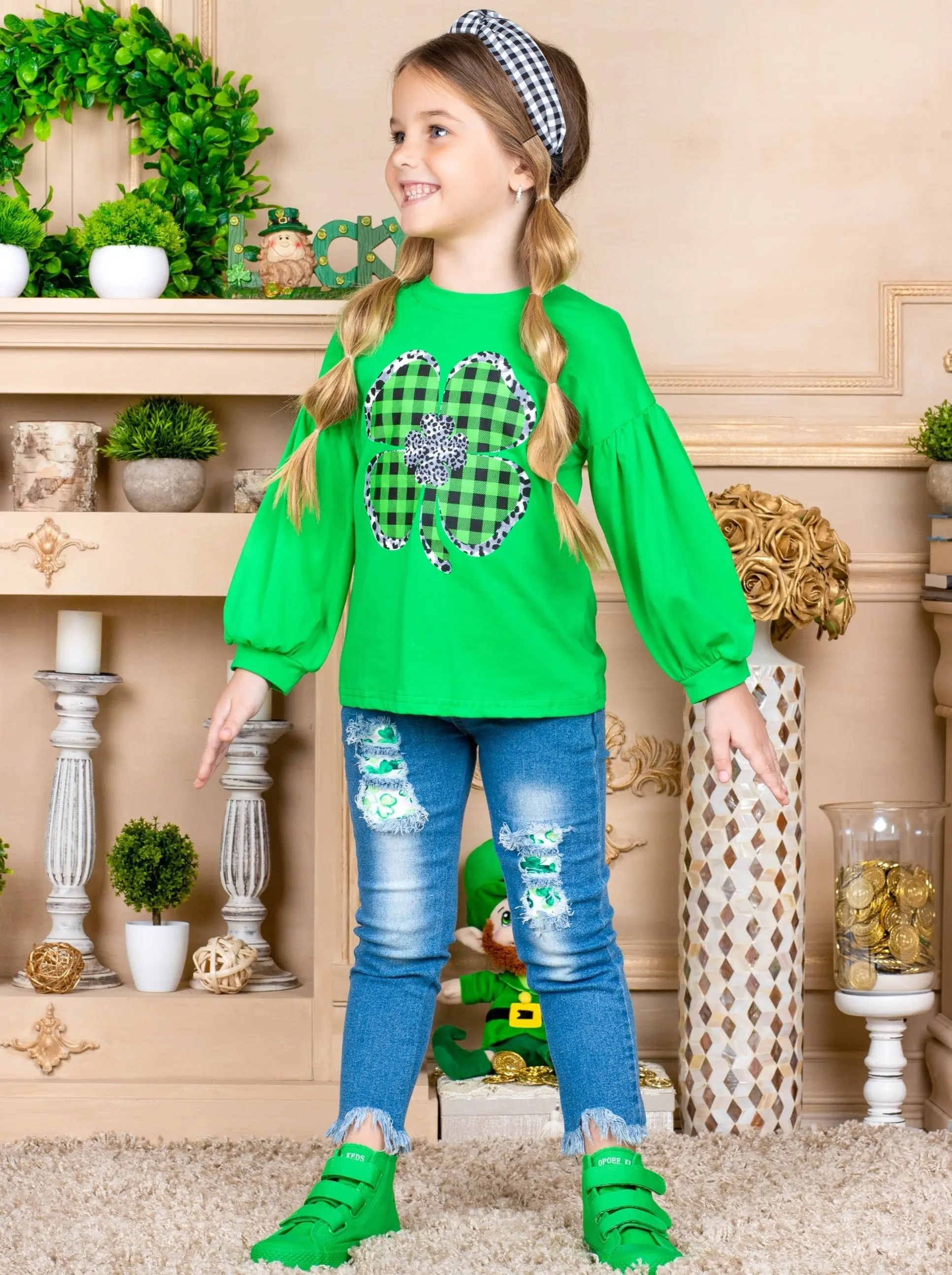 Sparkly Clover Long Sleeved Plaid Applique Top - Image 4