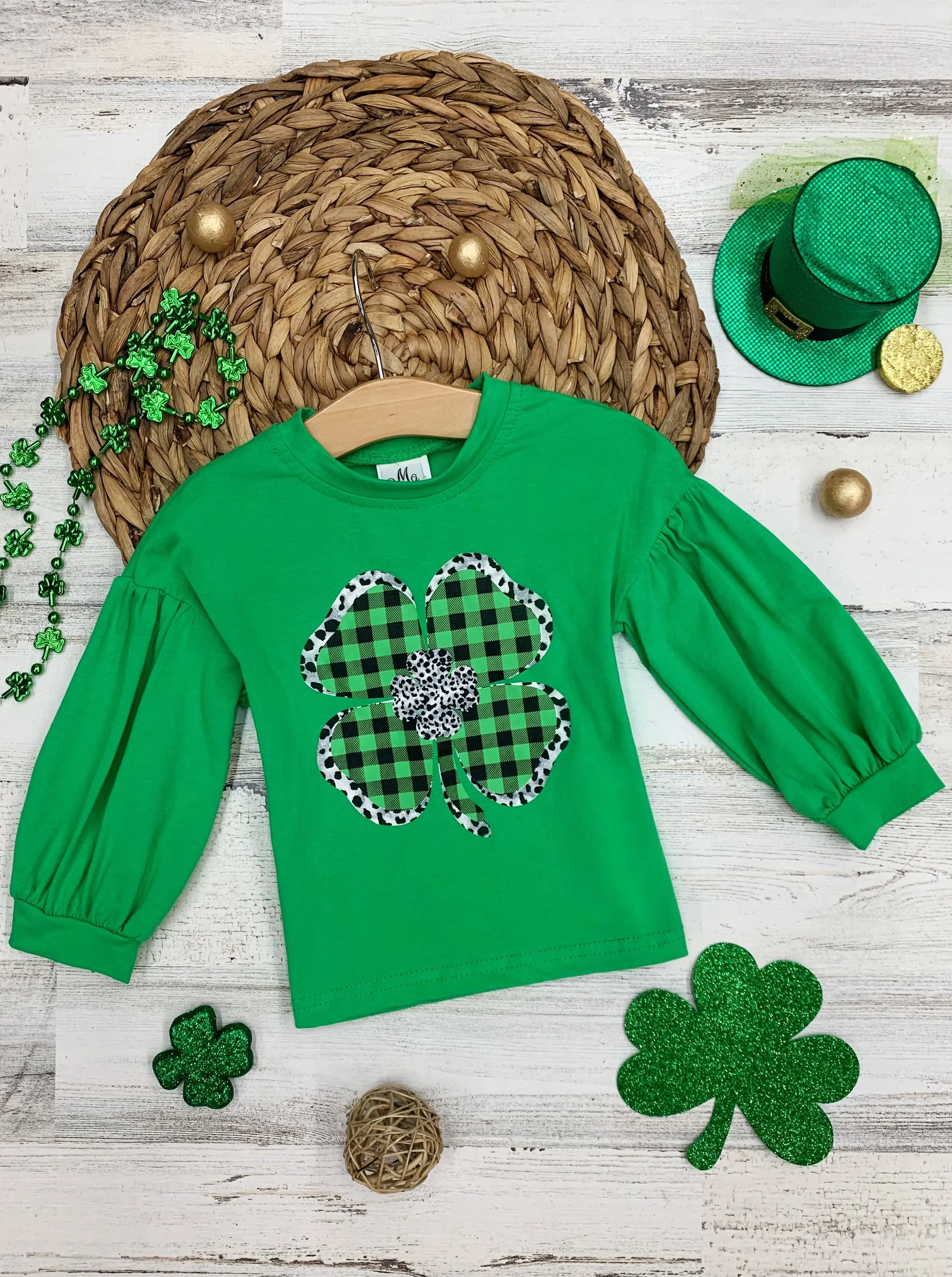 Sparkly Clover Long Sleeved Plaid Applique Top - Image 5