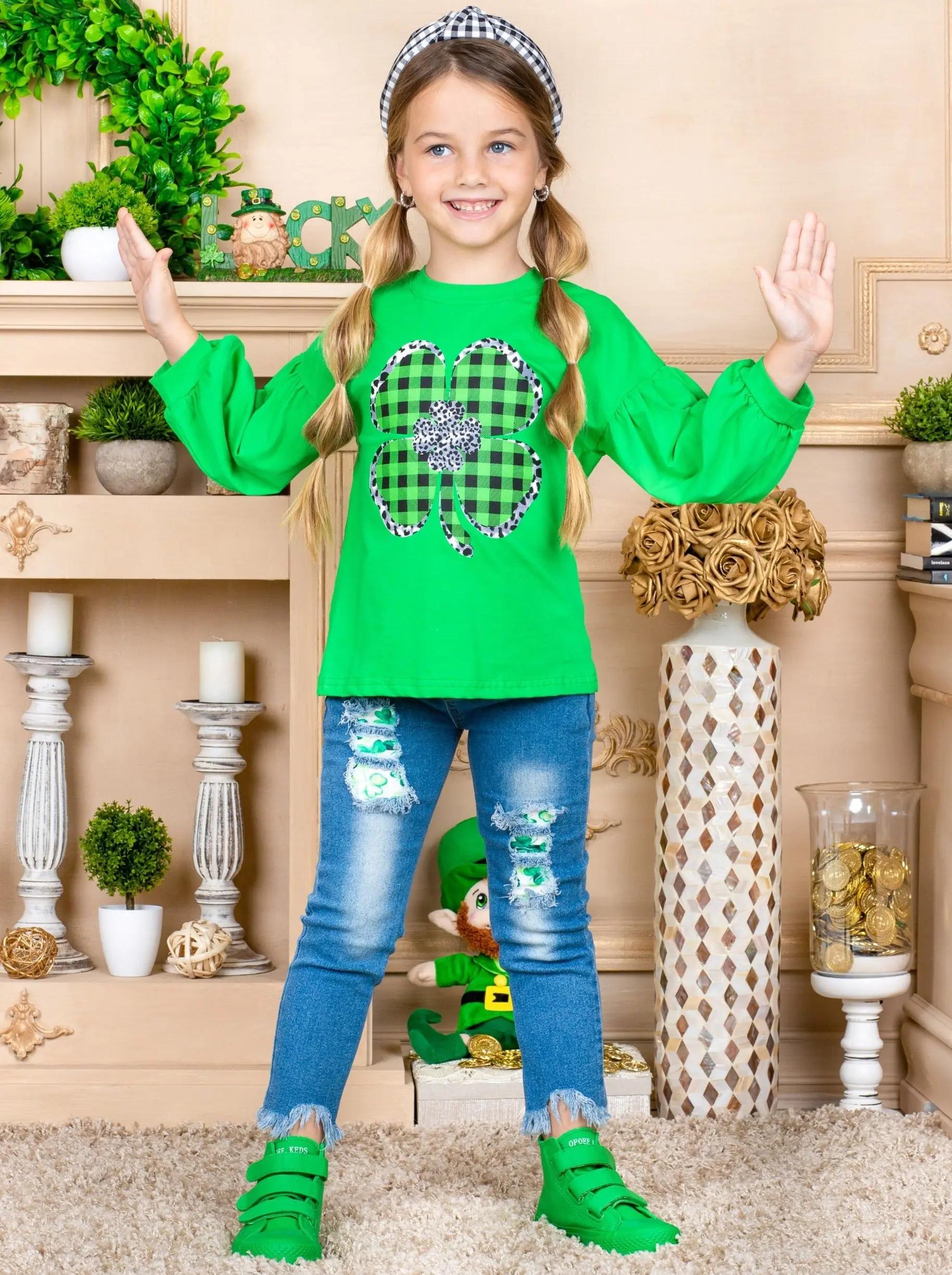 Sparkly Clover Long Sleeved Plaid Applique Top - Image 6