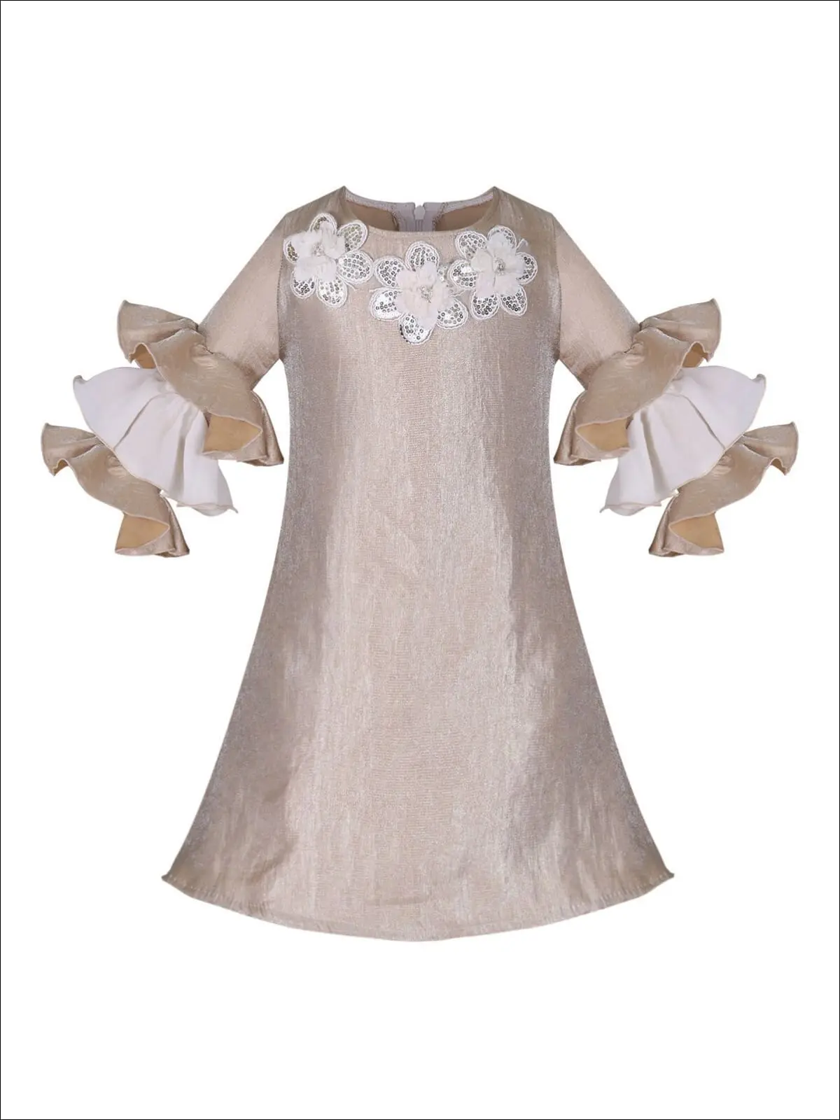 Girls Long Tiered Ruffled Sleeve Dress with Floral Trim - Image 2
