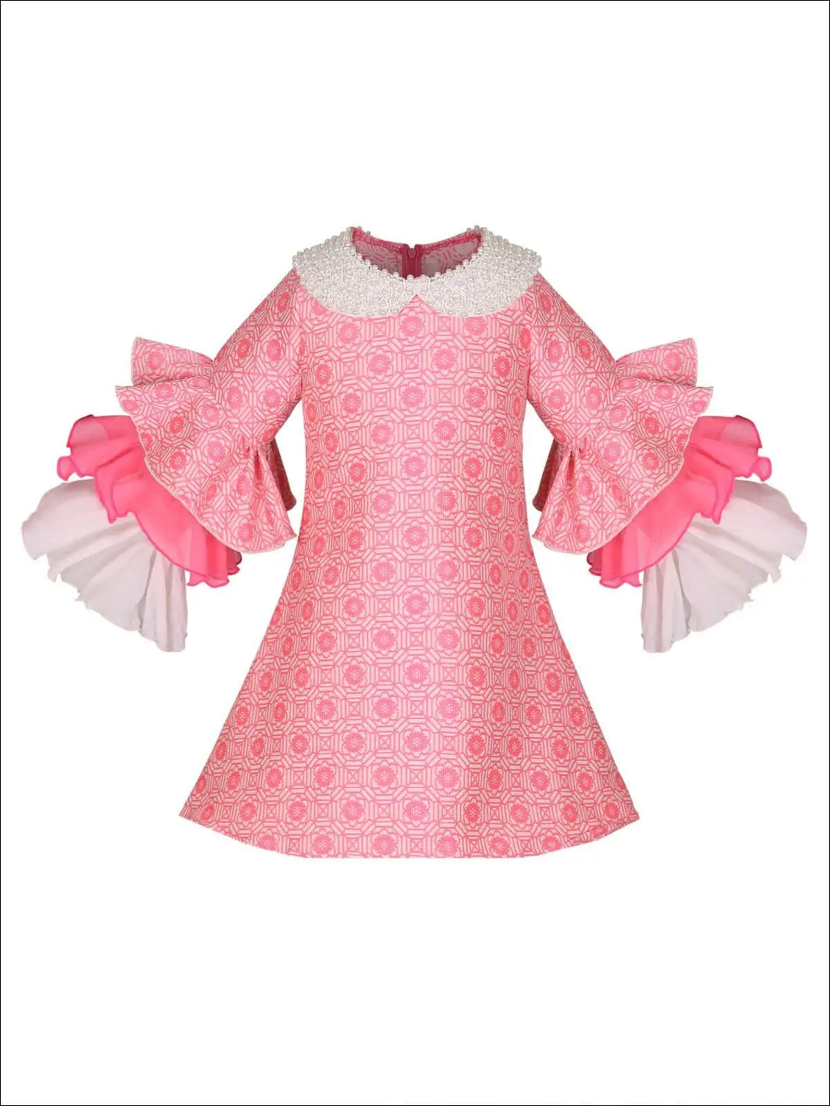 Girls Long Tiered Ruffled Sleeve Dress with Floral Trim - Image 3