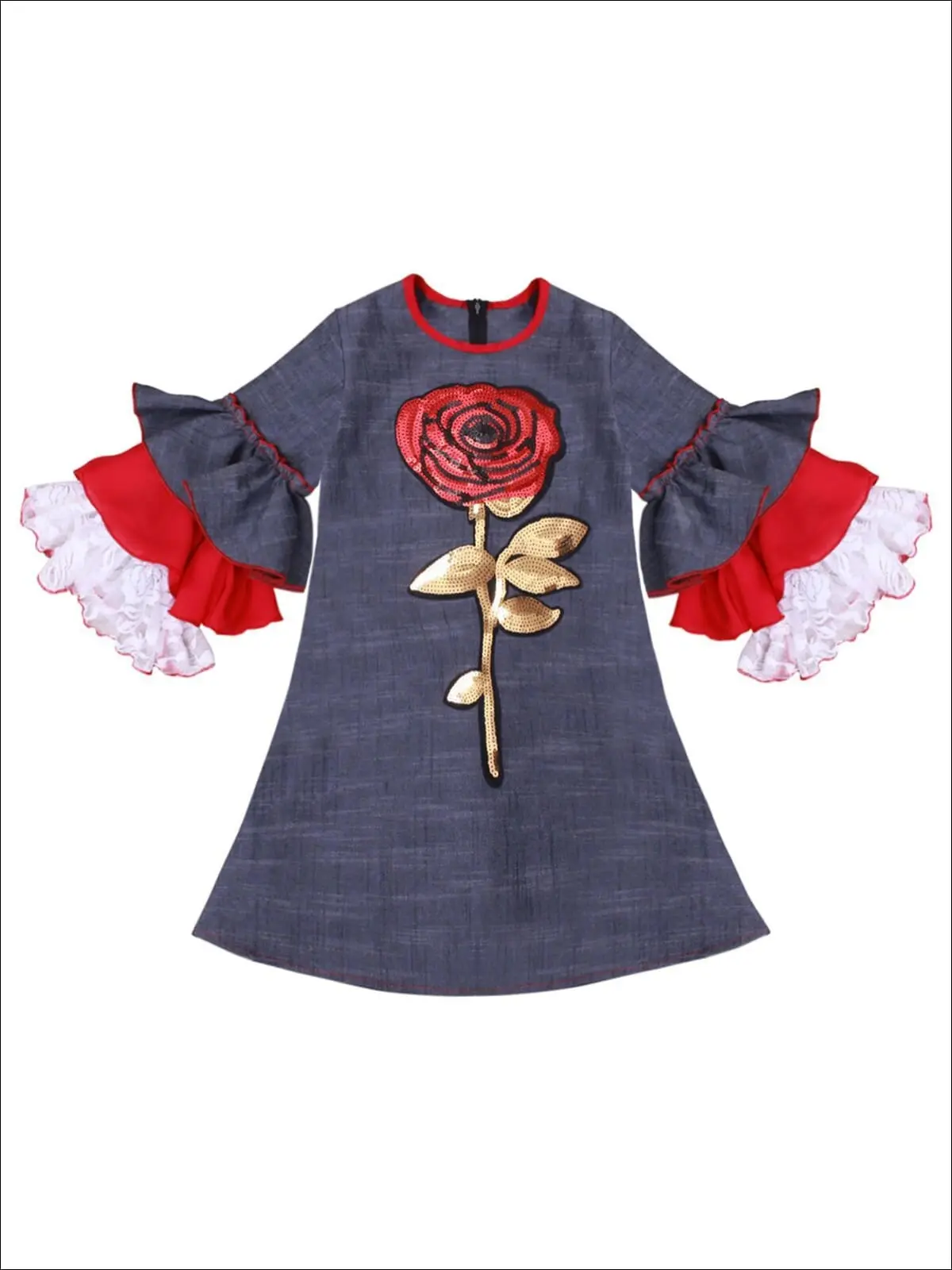 Girls Long Tiered Ruffled Sleeve Dress with Floral Trim - Image 4
