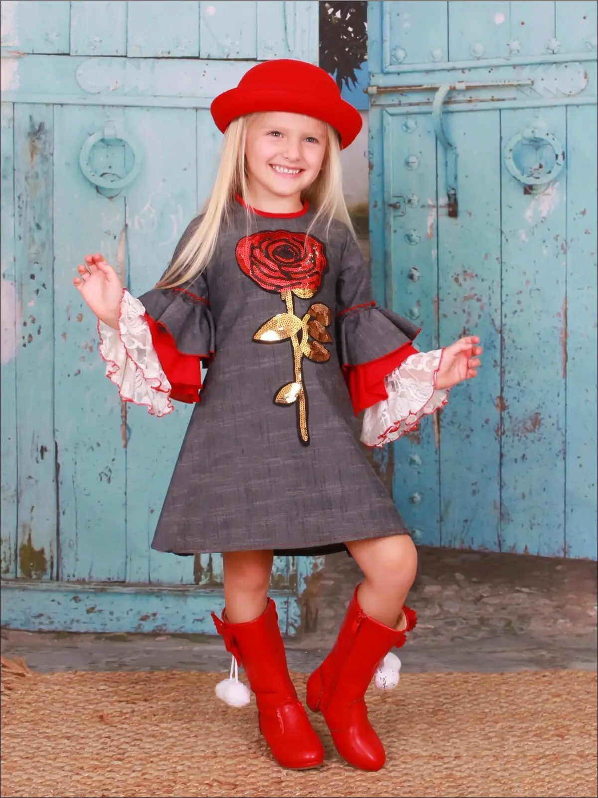 Girls Long Tiered Ruffled Sleeve Dress with Floral Trim - Image 5