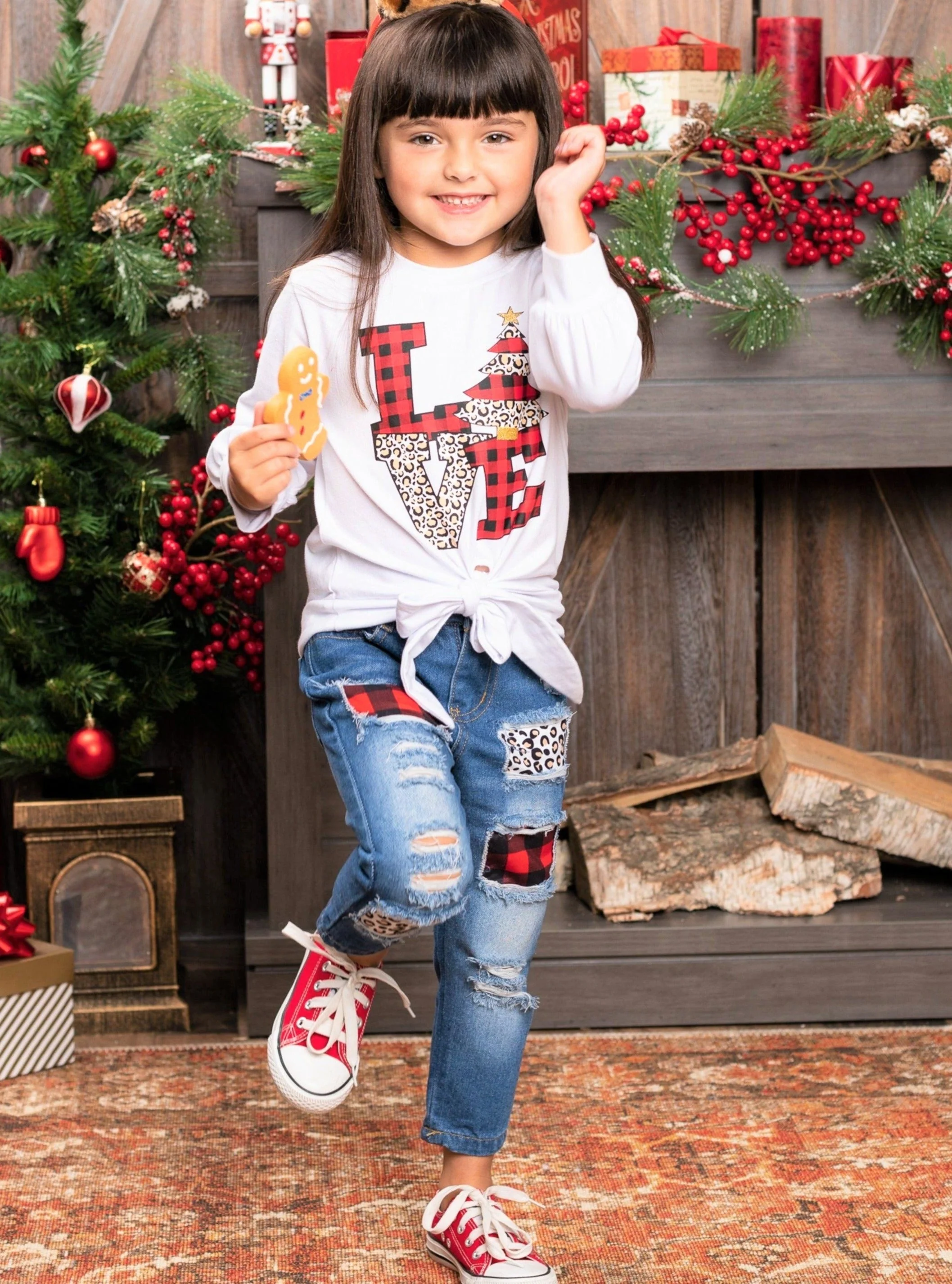 Christmas Love Knot Hem Top and Patched Jeans Set - Image 2