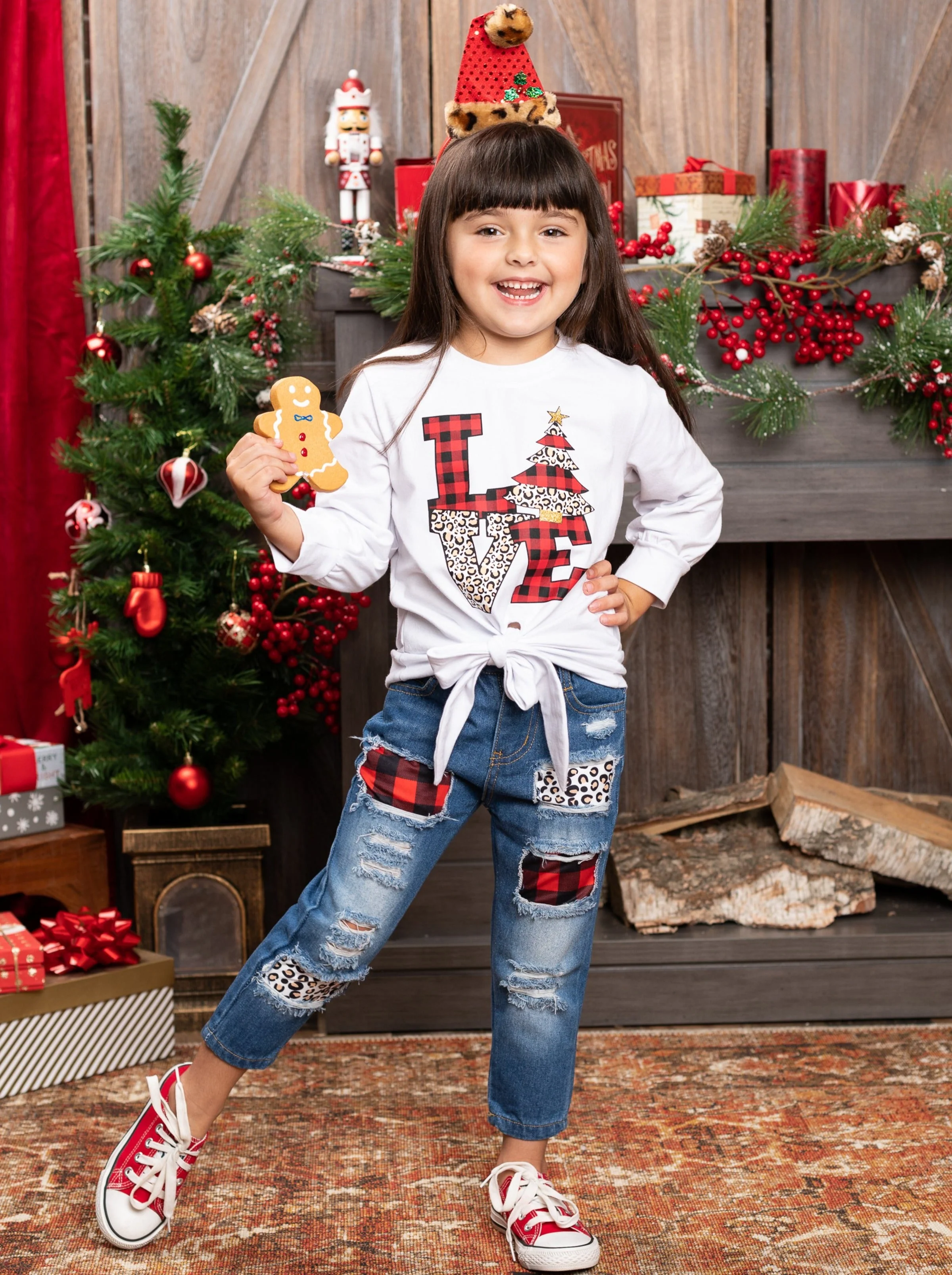 Christmas Love Knot Hem Top and Patched Jeans Set - Image 3