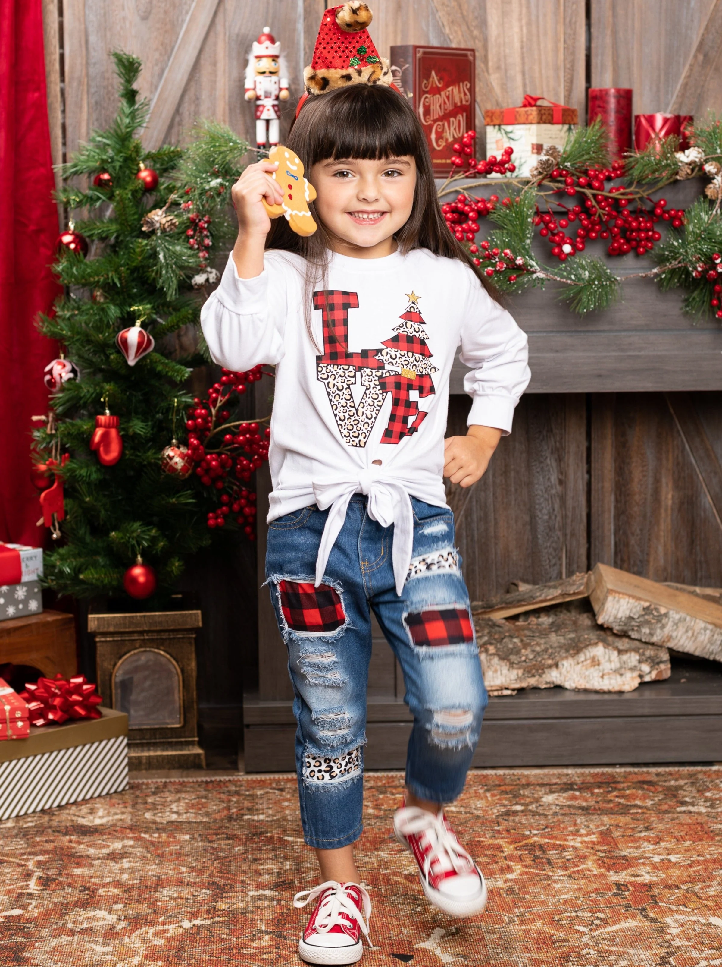 Christmas Love Knot Hem Top and Patched Jeans Set - Image 4