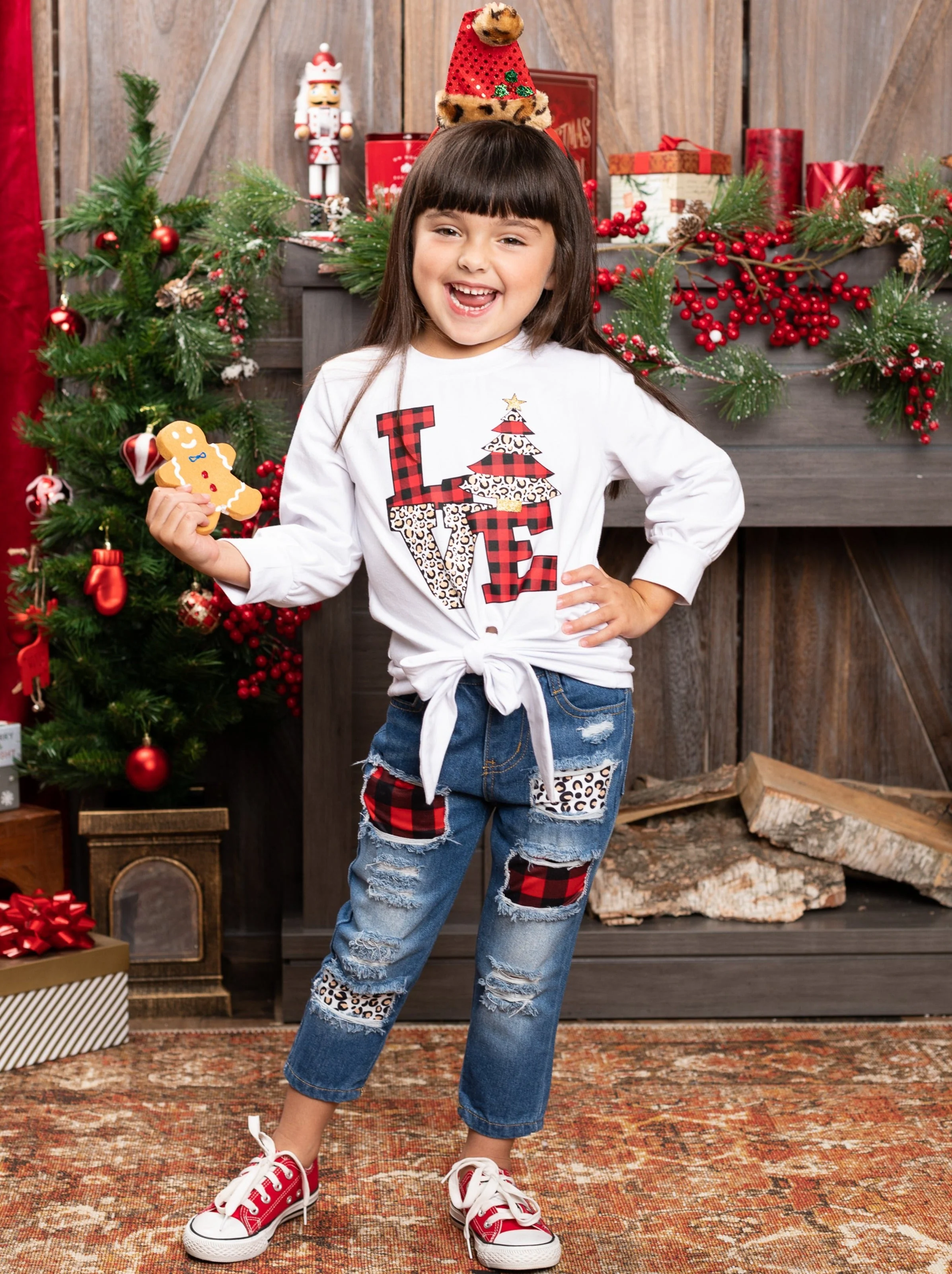 Christmas Love Knot Hem Top and Patched Jeans Set - Image 5