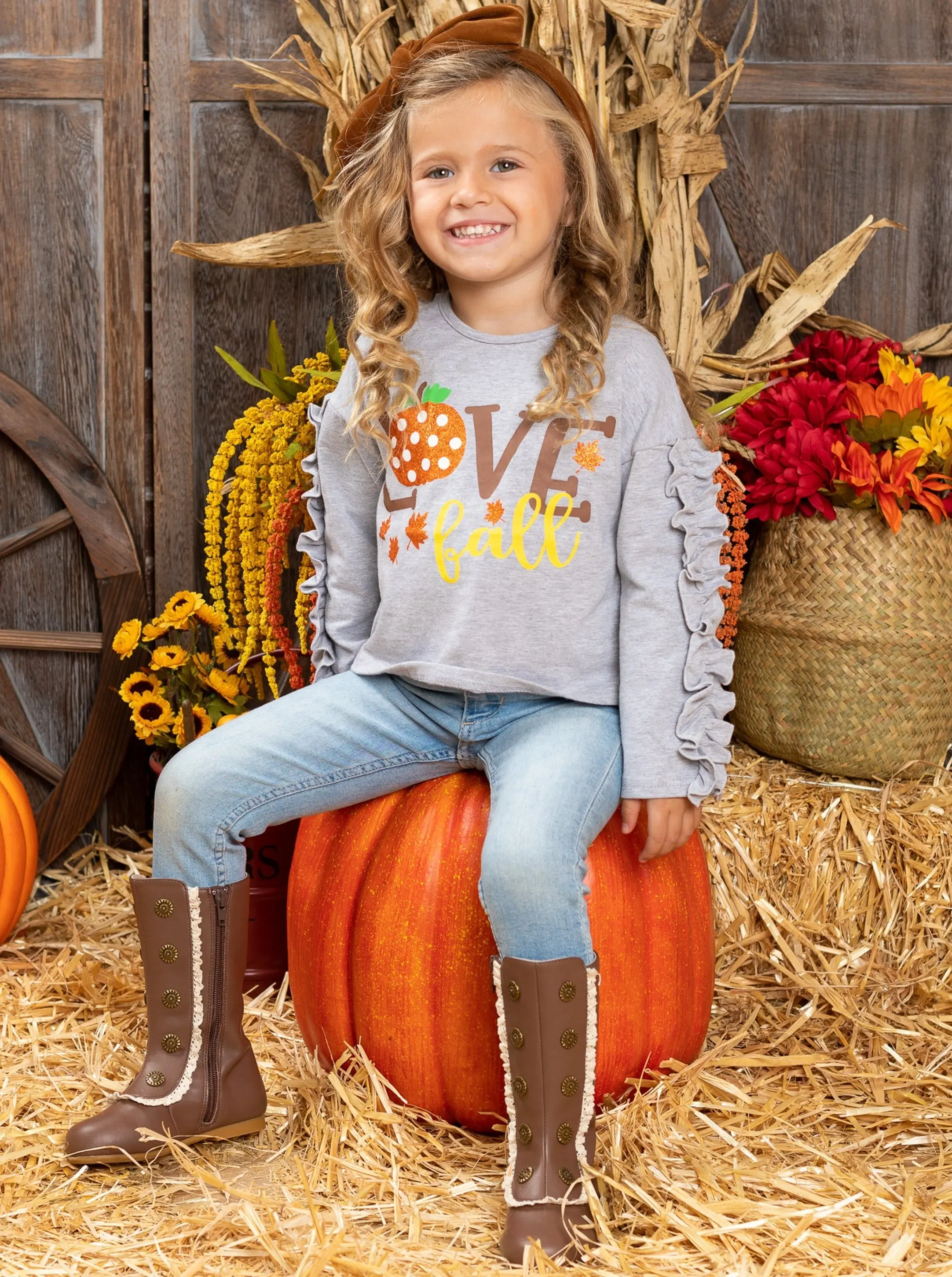 Girls "Love Fall" Pumpkin Ruffle Sleeve Top - Image 2