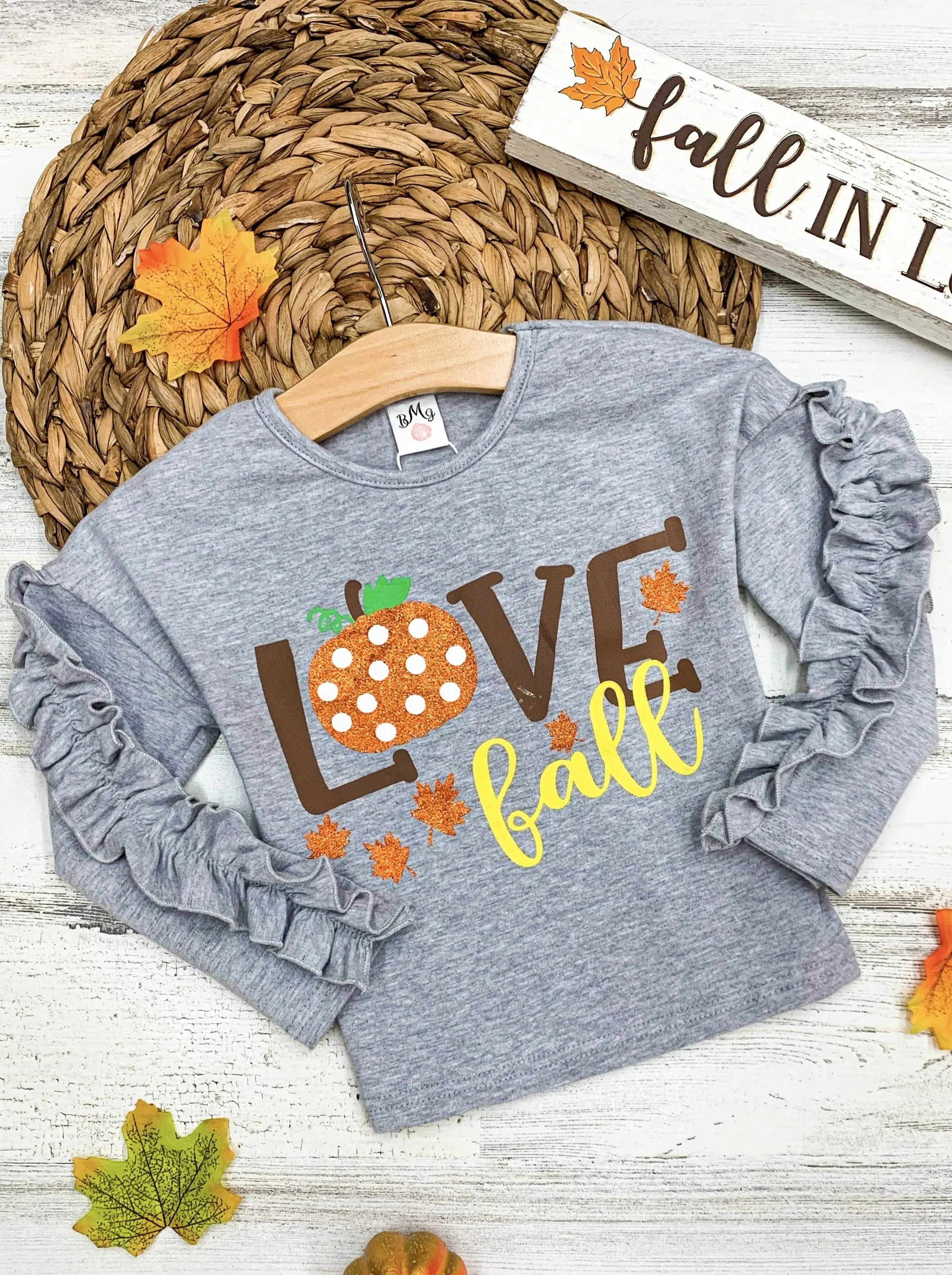Girls "Love Fall" Pumpkin Ruffle Sleeve Top - Image 3