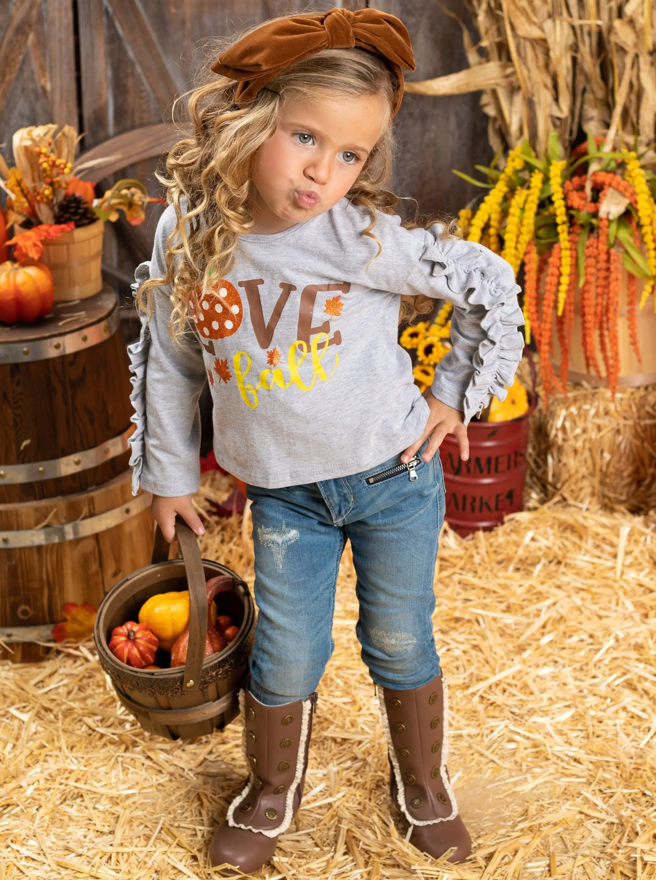 Girls "Love Fall" Pumpkin Ruffle Sleeve Top - Image 4