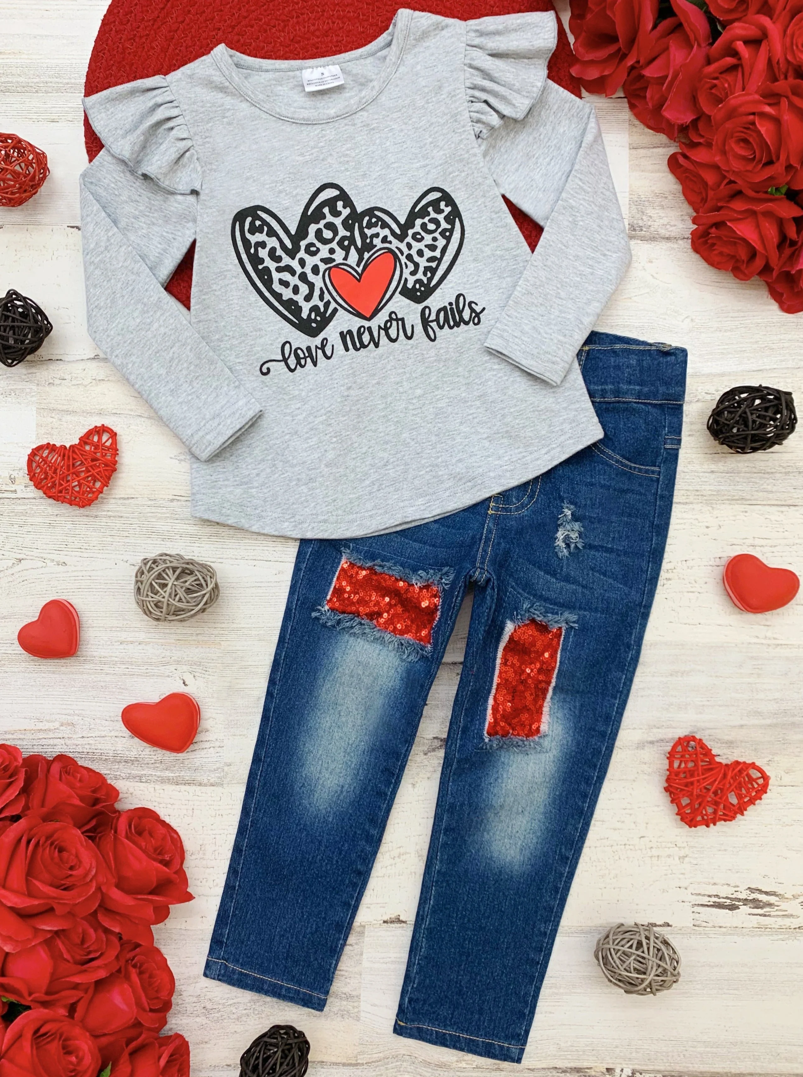 Love Never Fails Sequin Patched Jeans Set - Image 3