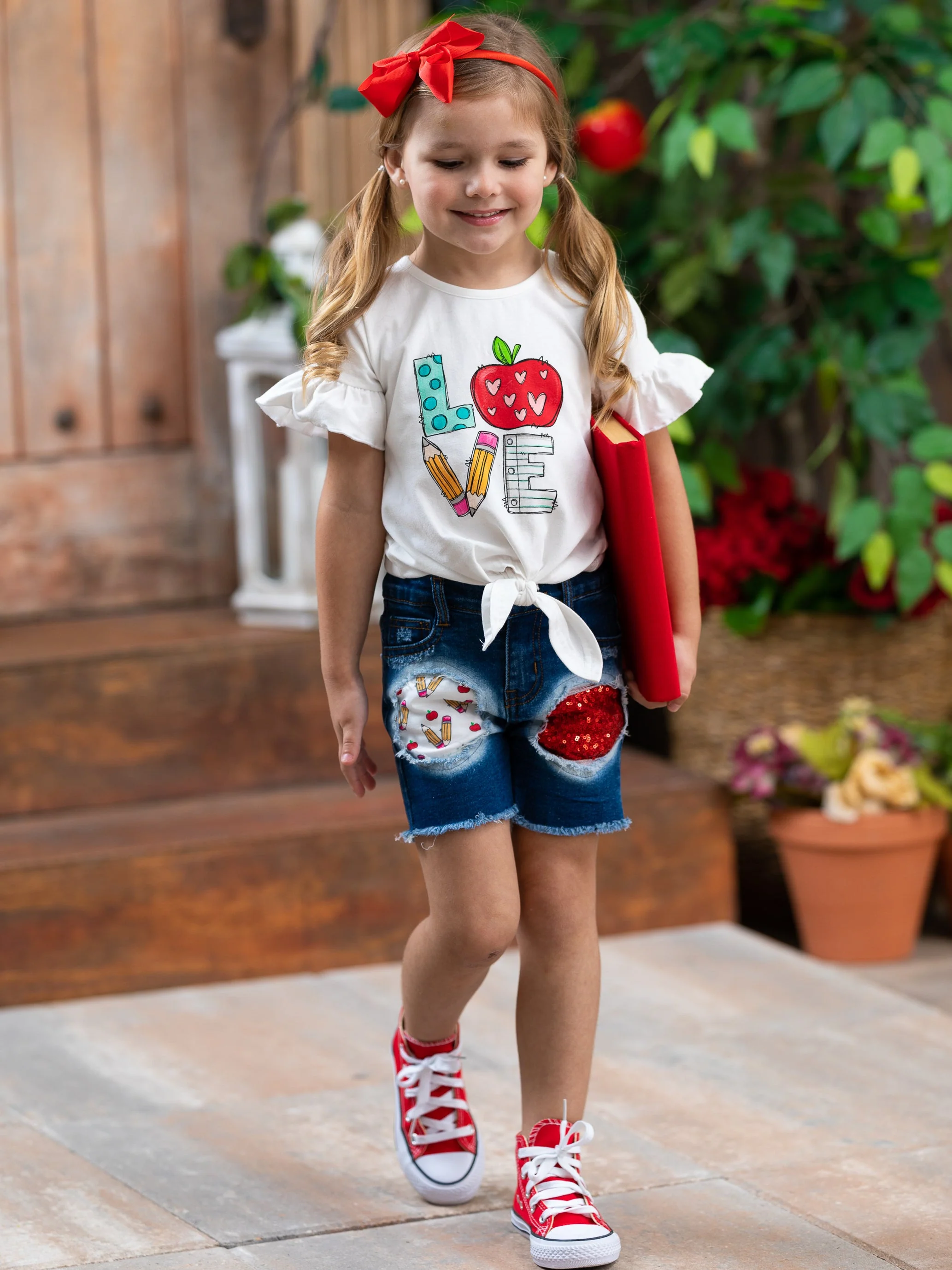 Love To Learn Patched Denim Shorts Set - Image 4