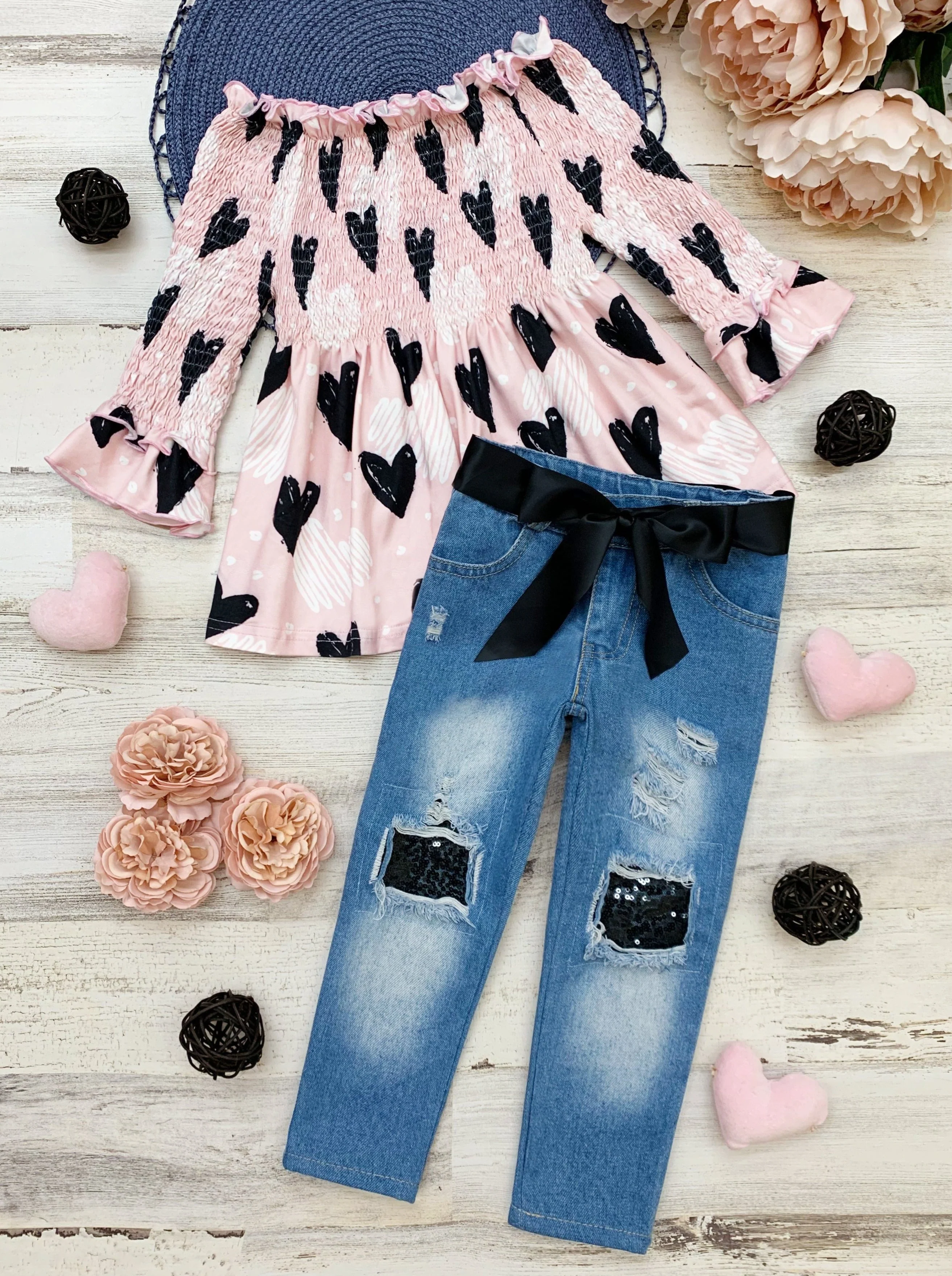 Lovely Hearts Club Sequin Patched Jeans Set - Image 3