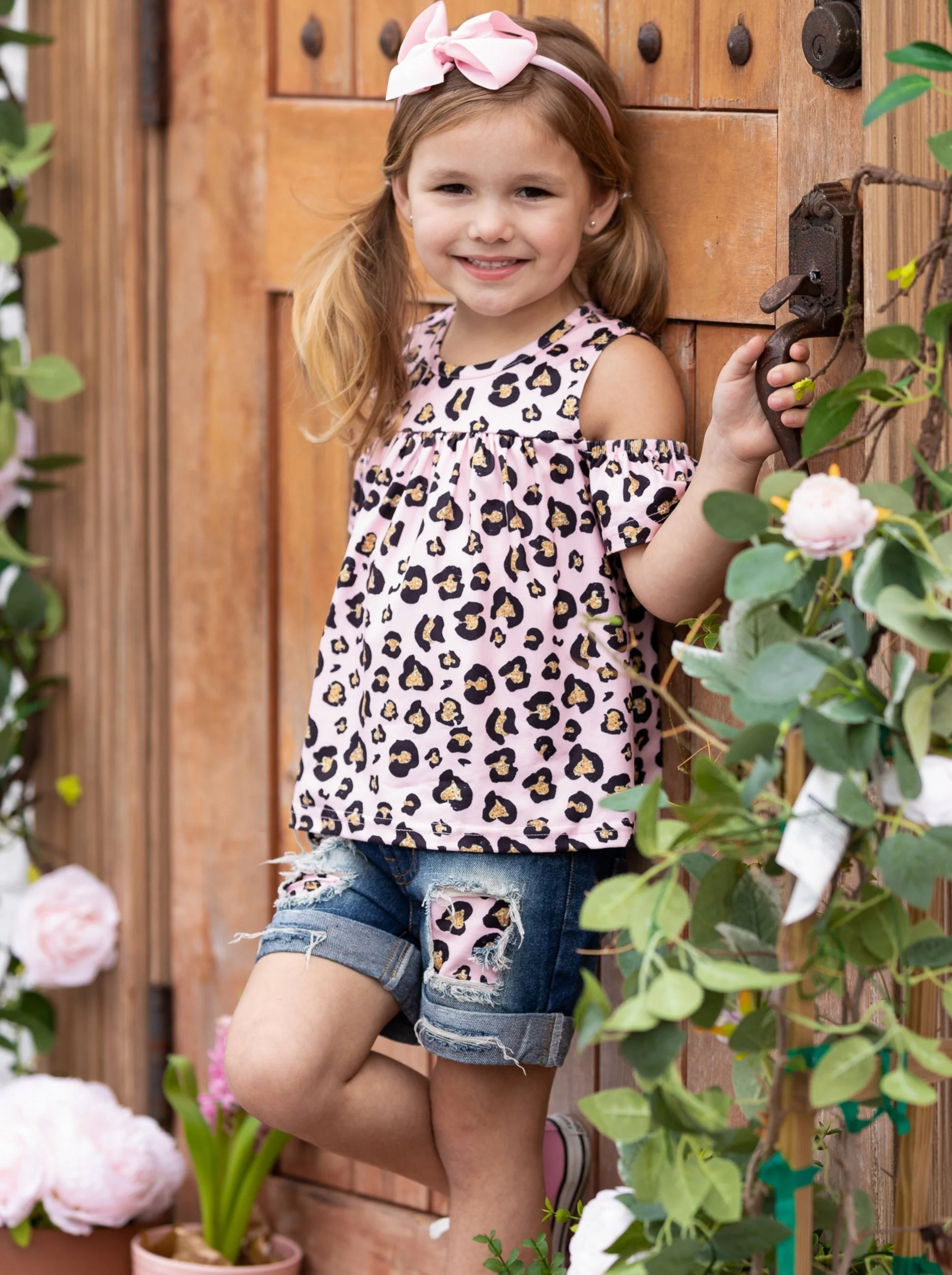 Lovely Leopard Patch Denim Short Set - Image 2