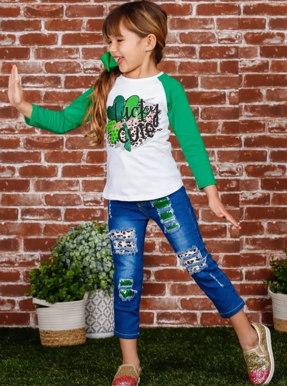 Lucky and Cute Glitter Patched Jeans Set - Image 2