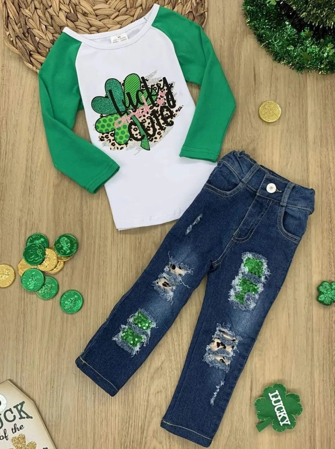 Lucky and Cute Glitter Patched Jeans Set - Image 3