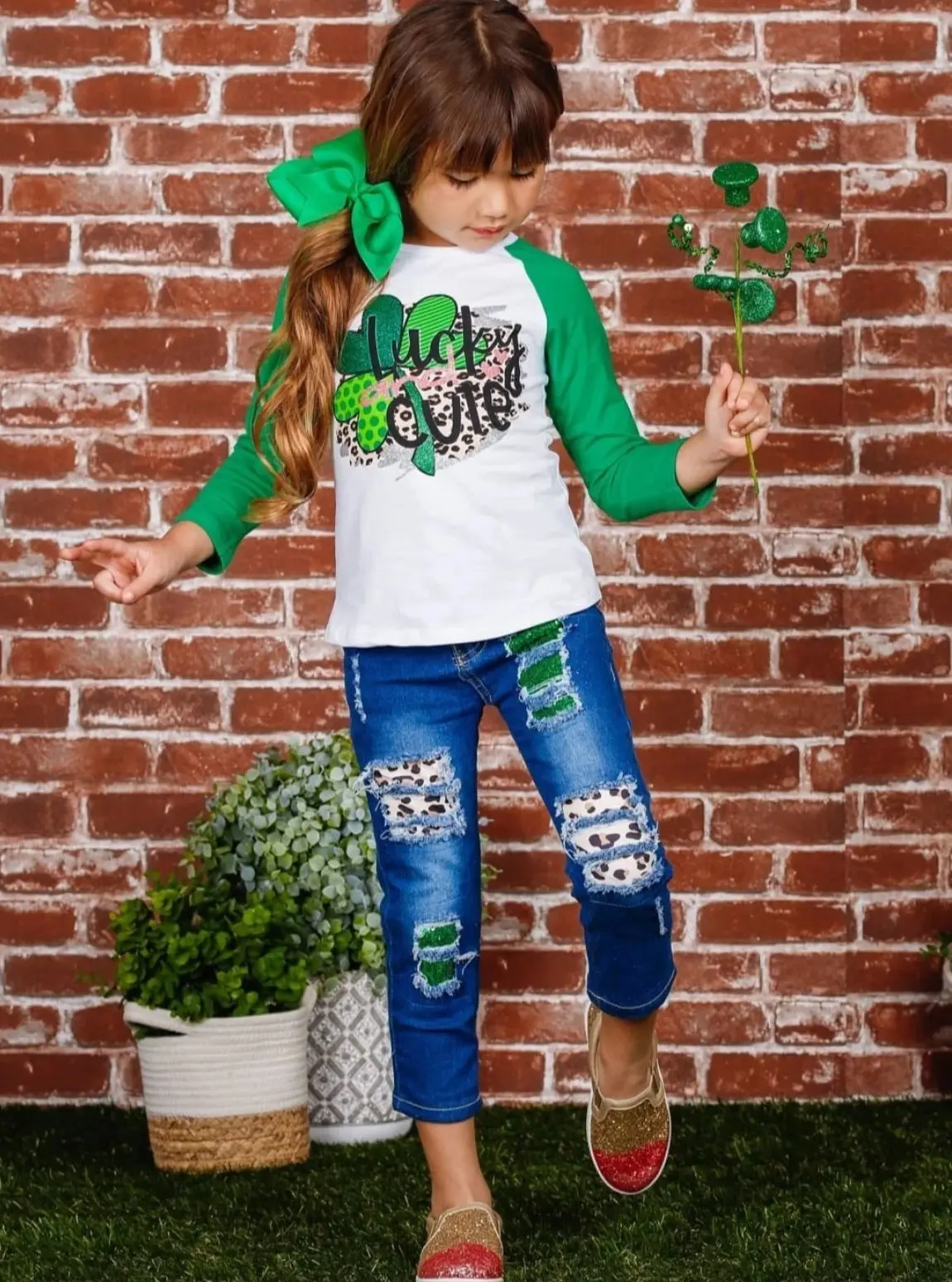 Lucky and Cute Glitter Patched Jeans Set - Image 4