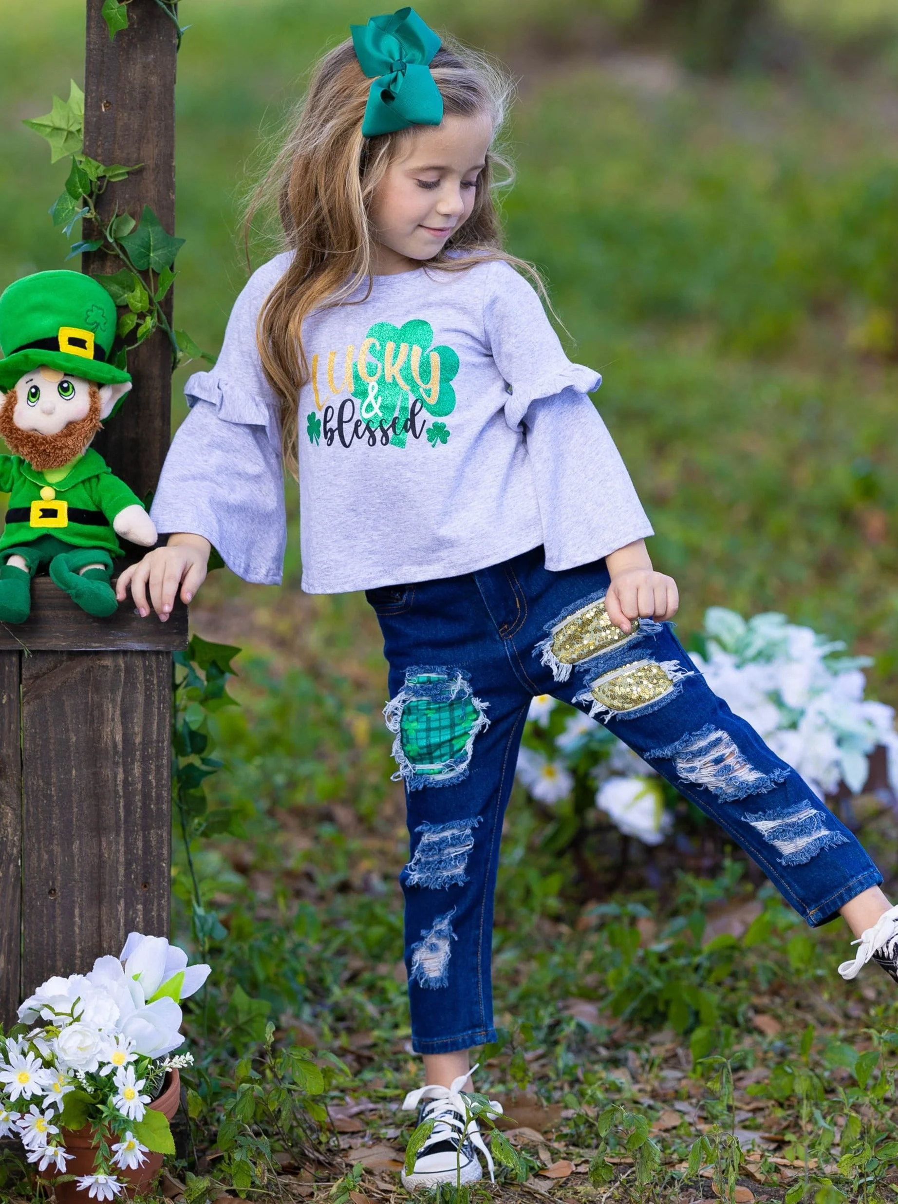 Lucky and Blessed Patched Jeans Set - Image 3