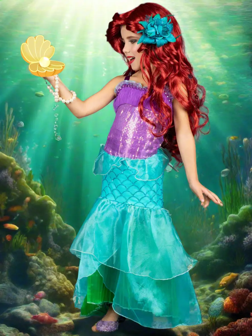 Girls Little Mermaid Princess Costume Dress - Image 6